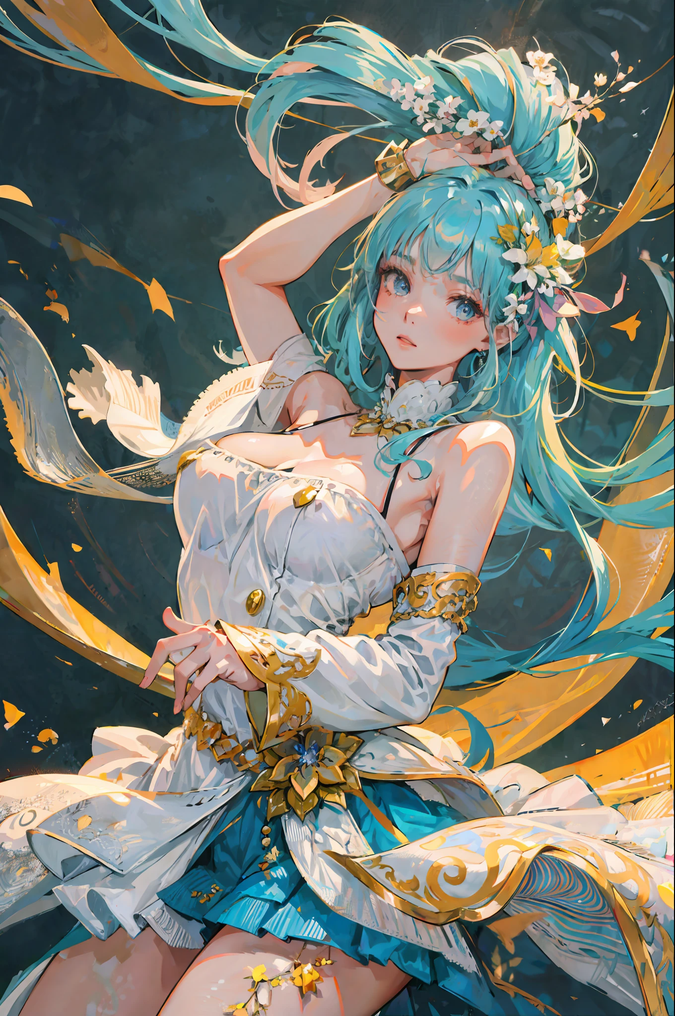(masterpiece), (best quality), (ultra detailed),(disheveled hair),(illustration), (1girl), (Fashionable clothing), standing, Fashion model, looking at viewer, (interview), (simple background),beautiful detailed eyes, delicate beautiful face, Floating,(high saturation),(colorful splashes),colorful bubble,(shining), focus on face, ponytail, kamisato ayaka, light blue hair, bangs, hair ring, floating flowers, floating hairs, (shining), best lighting, best shadow,