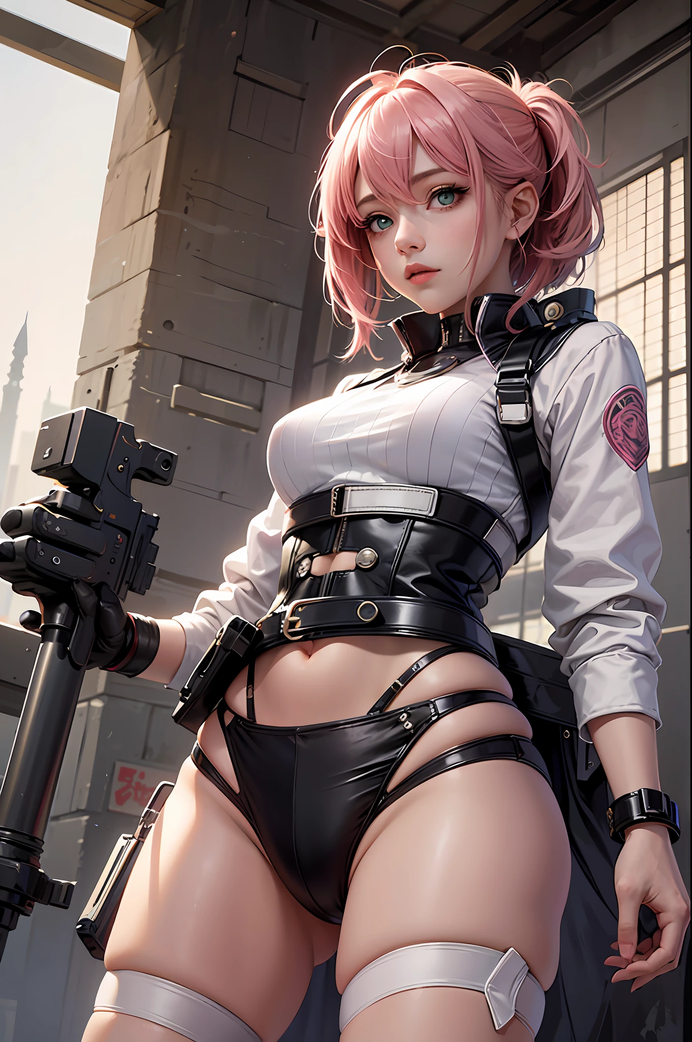 "An absolute (masterpiece) with the (best quality). The cinematic light brings a realistic touch to the scene - a 16-year-old girl, (1 girl), stands in a solo pose as Sakura Haruno with a cool, confident expression. The backdrop of the battlefield creates an intense atmosphere that perfectly complements her (perfect body). Her (green eyes) and (pink hair) create a striking contrast that adds an extra layer of beauty to the scene."