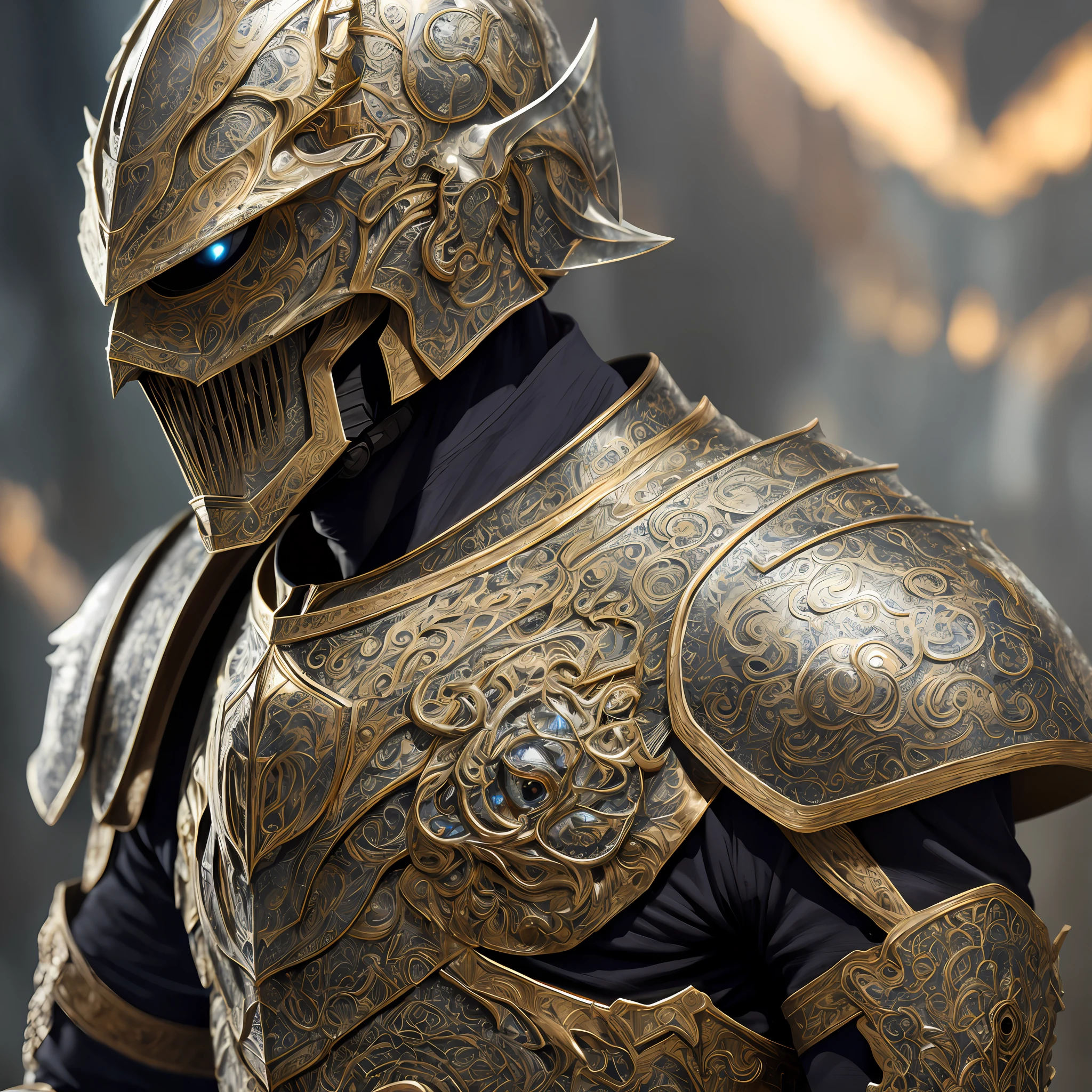 (Realistic: 1.3), Intricate Details, Real Metallic, (Artwork), (Masterpiece, Best Quality), ((Movie Light)), Horror, Dark Fantasy Style, Detailed Armor, Detailed Helmet, Helmet Close-up, Ghost Eyes,