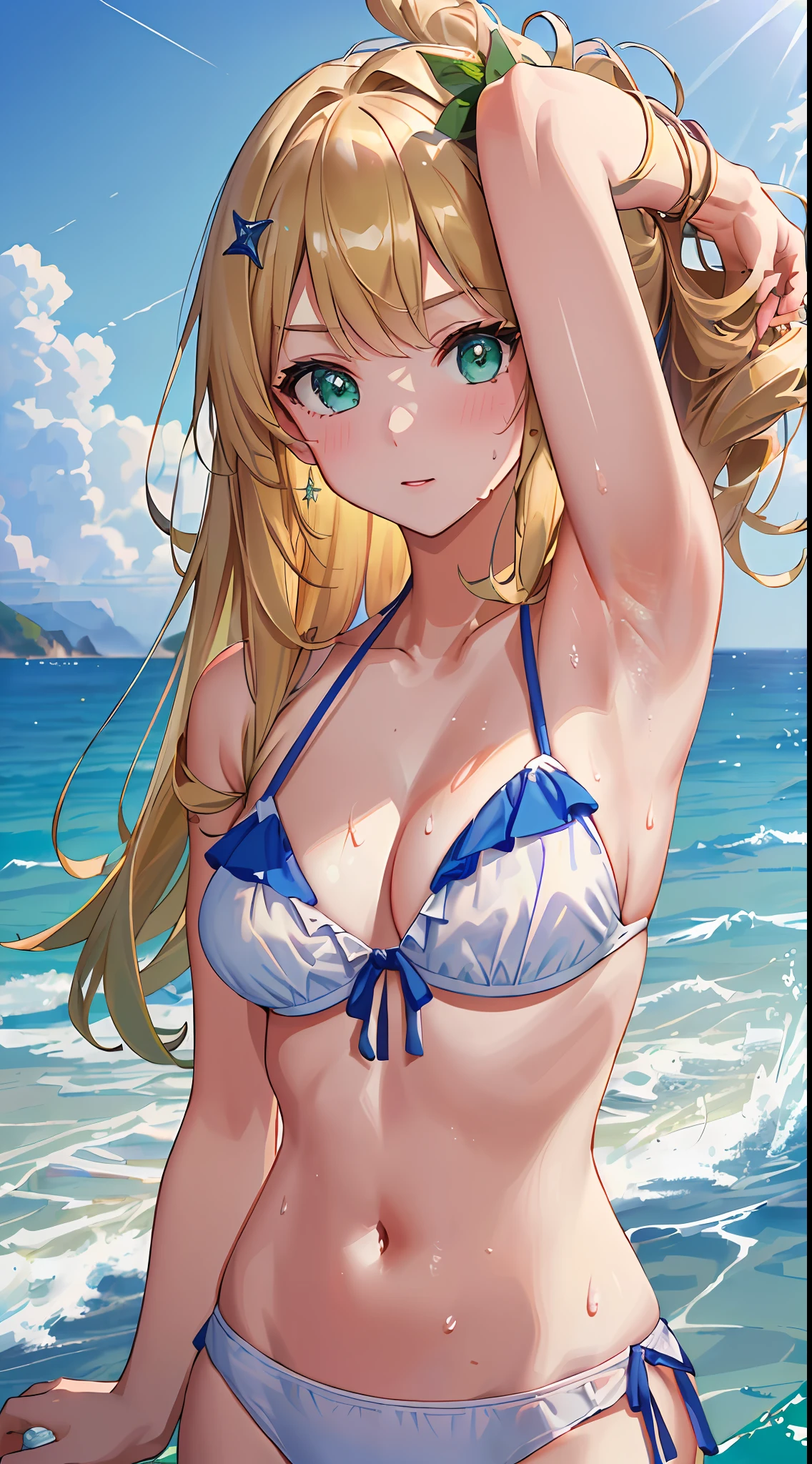 (((masterpiece: 1.5, best quality, high resolution: 1.3, super resolution, super detailed, ultra detailed:1.3, rich background:1.2))), ((face close up)), 1girl, solo, green eyes, blonde long hair tied with blue ribbon, blunt bangs, cute hairpin, transparent white t-shirt, white bikini inside t-shirt, white panties, ((raises one hand)), (armpit), (sweat), (outdoor), ((sea: 1.2)), ((beach)), scenery, (dusk), ((dynamic light: 1.4))