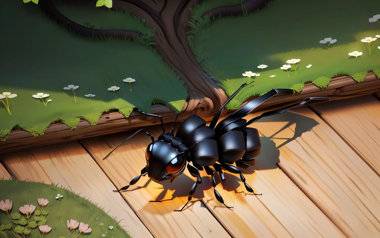 banner, giant black ants walking on wood and clover