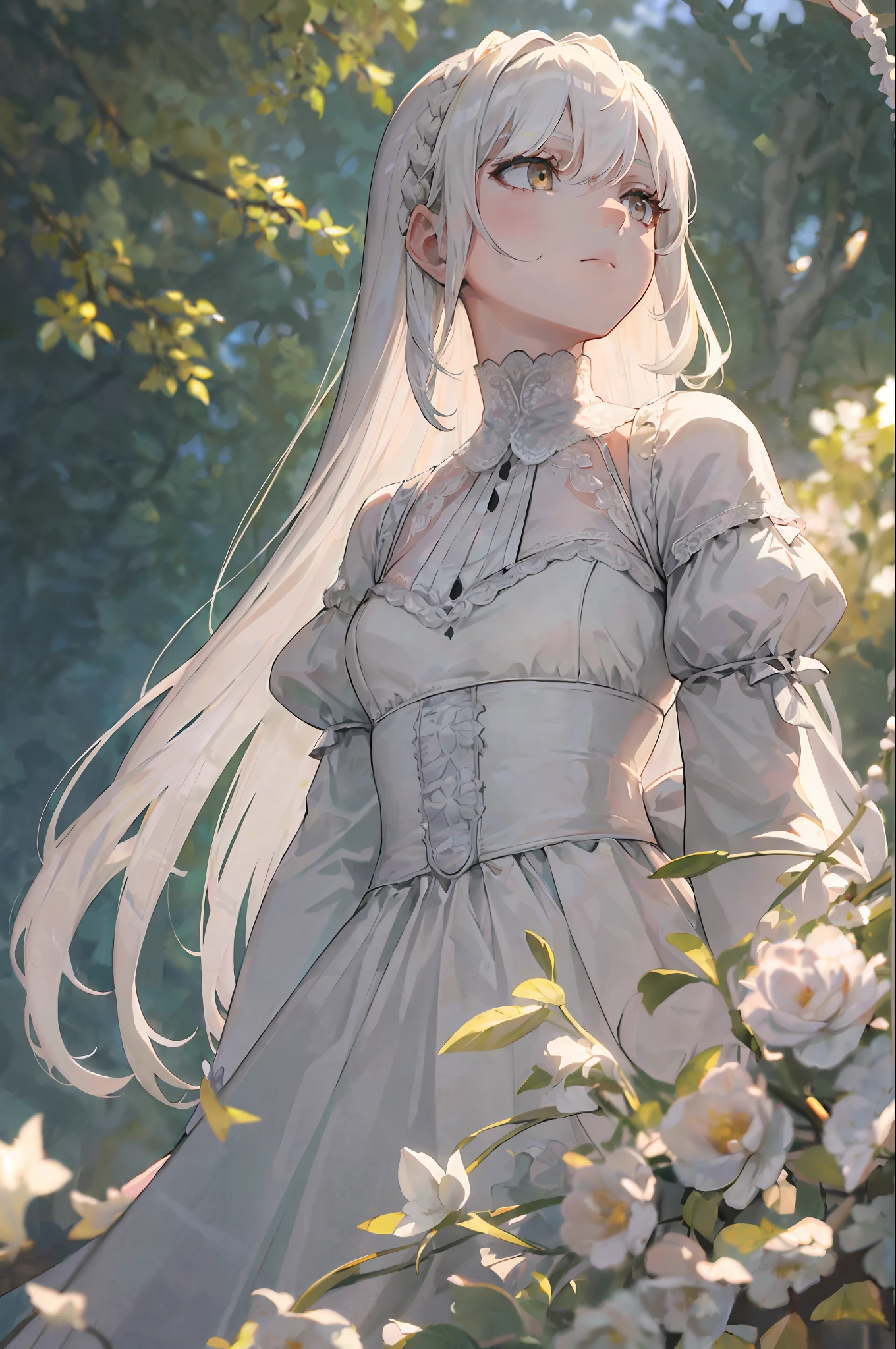 (Extremely delicate, masterpiece, excellent light and shadow, 8K HD wallpaper), white hair, golden eyes, white clothes intermittently translucent, looking up at the upper body, lace hair accessories, fair and rosy skin, waist tie, side braid swing.