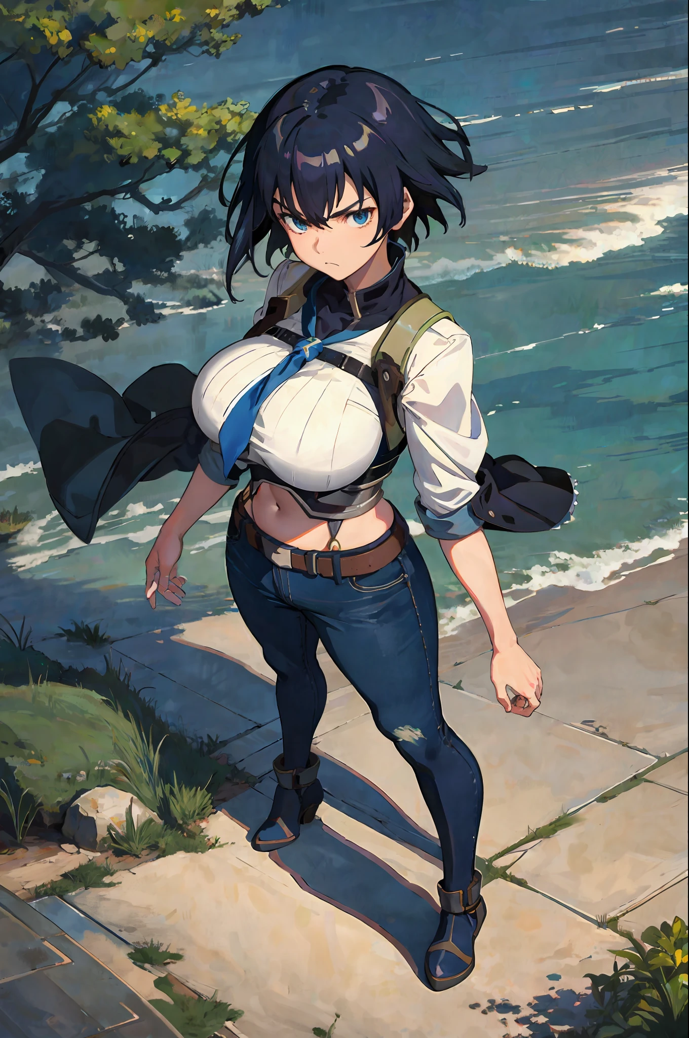 "((workshop)), perfect quality, fat, bulging, full body, stunning beauty, jeanfavonian, big breasts, (high-quality anime, Makoto Shinkai), angry, standing on the street near the river next to the forest, hands on chest, looking at the viewer, without gauntlets. Short hair blowing in the wind, the background is simple and blue, and the gaze is directed downwards at a low angle, a bright lightning.