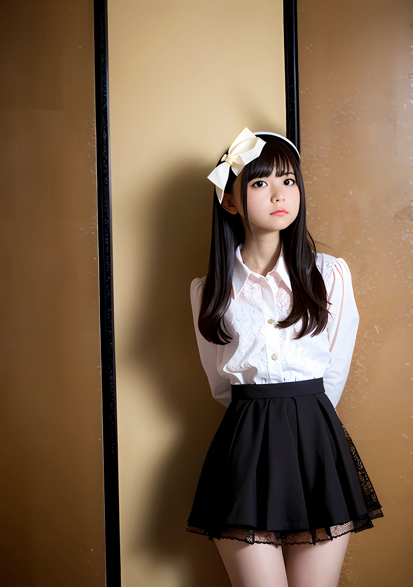 Trapped_In_Wall, Stuck in wall, girl, solo, mini lace skirt