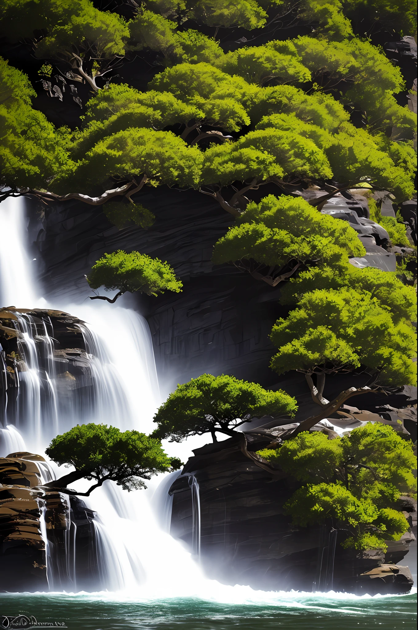 A perfect bonsaï tree with multiple bends on a rock formation in the middle of a waterfall, bent tree, majestuous bonsaï, award winning photo, perfect composition, masterpiece, golden lighting, best quality, insane details, extremely detailed, raw photo, Nikon D850, 200 mm, sharp focus, shot in the mourning, photo by: Jord Hammond