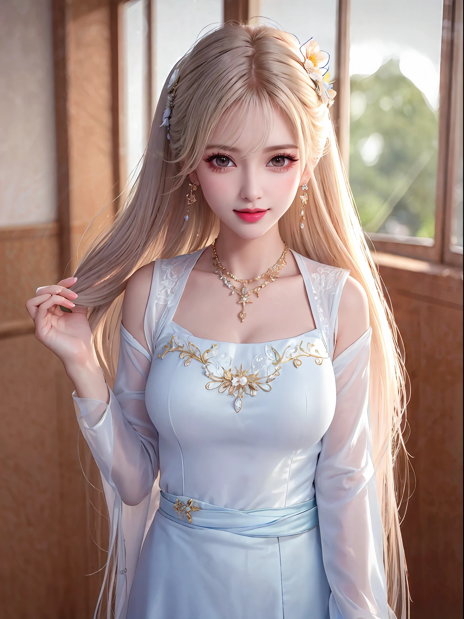 Female teacher standing in the classroom v6, necklace, earrings, full body v6, long white hair, translucent clothes, visible, superb, ultra-high-definition, RAW photo, realism: 1.25), (bright lip gloss, long eyelashes, smooth face, light skin, natural shadows, wide light, wide light, depth of field, strong colors, subtle caustics: 0.8), smile, (big tits), v6