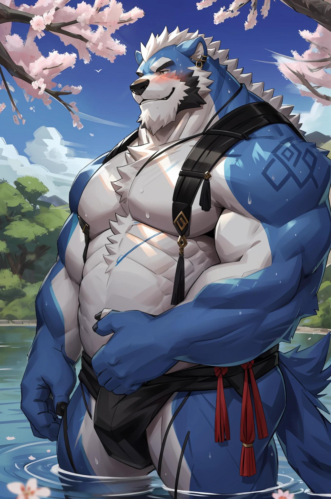 (morning), 1volibear, 独奏, 看着观众, summer, smile,肌肉男，beard,middle-aged，white fundoshi,((open)  kimono)，Chinese traditional clothes,close-up,stud earrings,nipple ring,sweat,majestic,brutal,confident,strong,cherry blossoms,in the lake,blush sticket