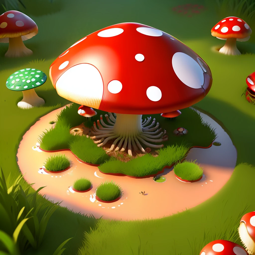 circle red-white Mushroom head anthill, water spider, ants around, grass, game design, high quality, fanrasy 3D-imagine