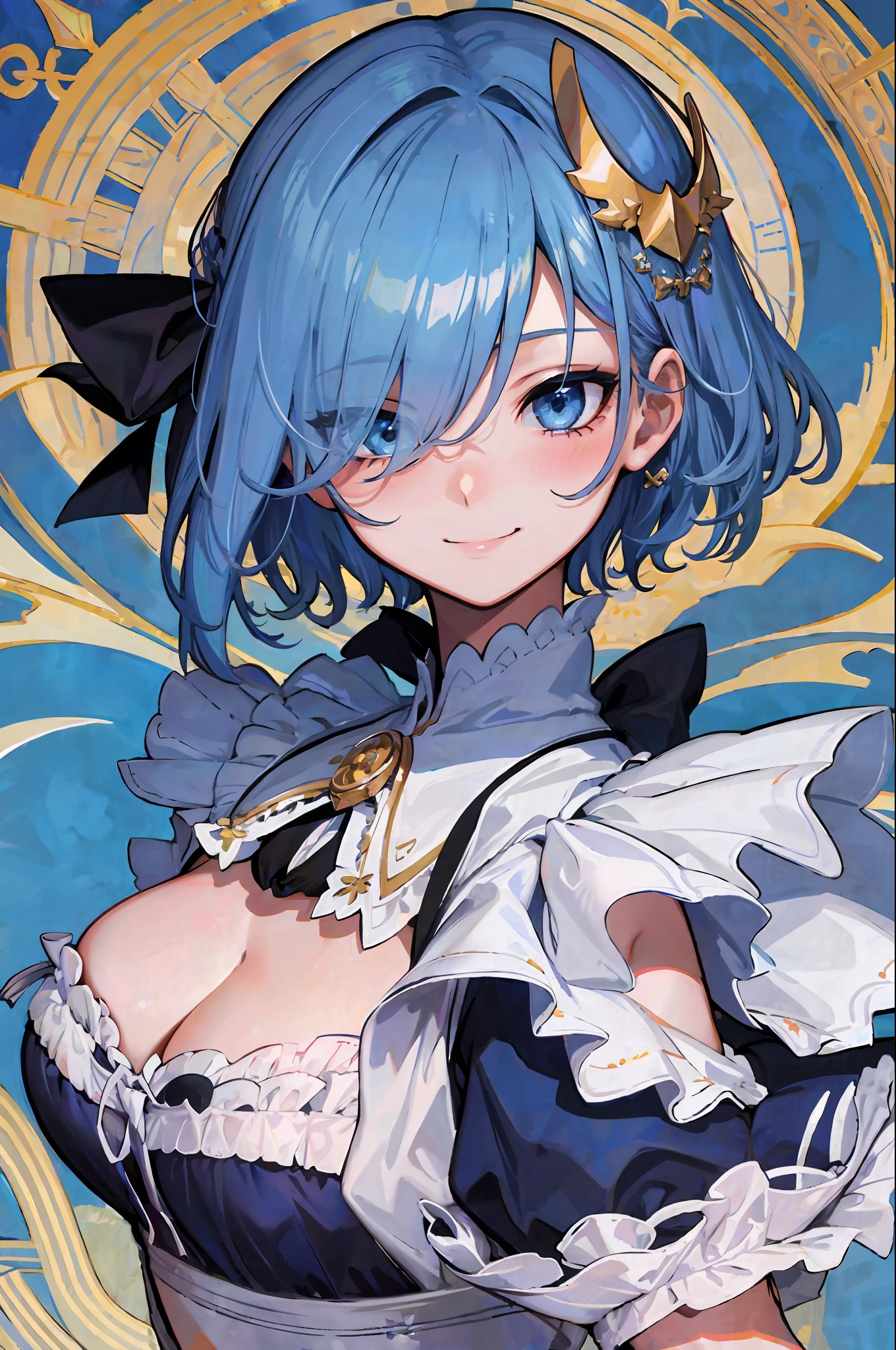 best quality,highly,detailed,masterpiece,ultra-detailed,
looking at viewer, ((1girl,solo)),skinny,blush, upper body,
(Delicate eyes,blue eyes),(smile),one eye covered, (cover right eye),hair over one eye,hair ornament,
medium breasts,cleavage,(roswaal mansion maid uniform),
hair ribbon,detached_sleeves, pink_ribbon,
(expressive hair,short hair,:1.2),blue hair,
nayutaren,