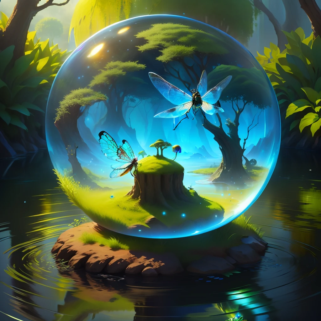 glass sphere anthill, with dragonfly on water, high resolution, fantasy, game design, magic 3D