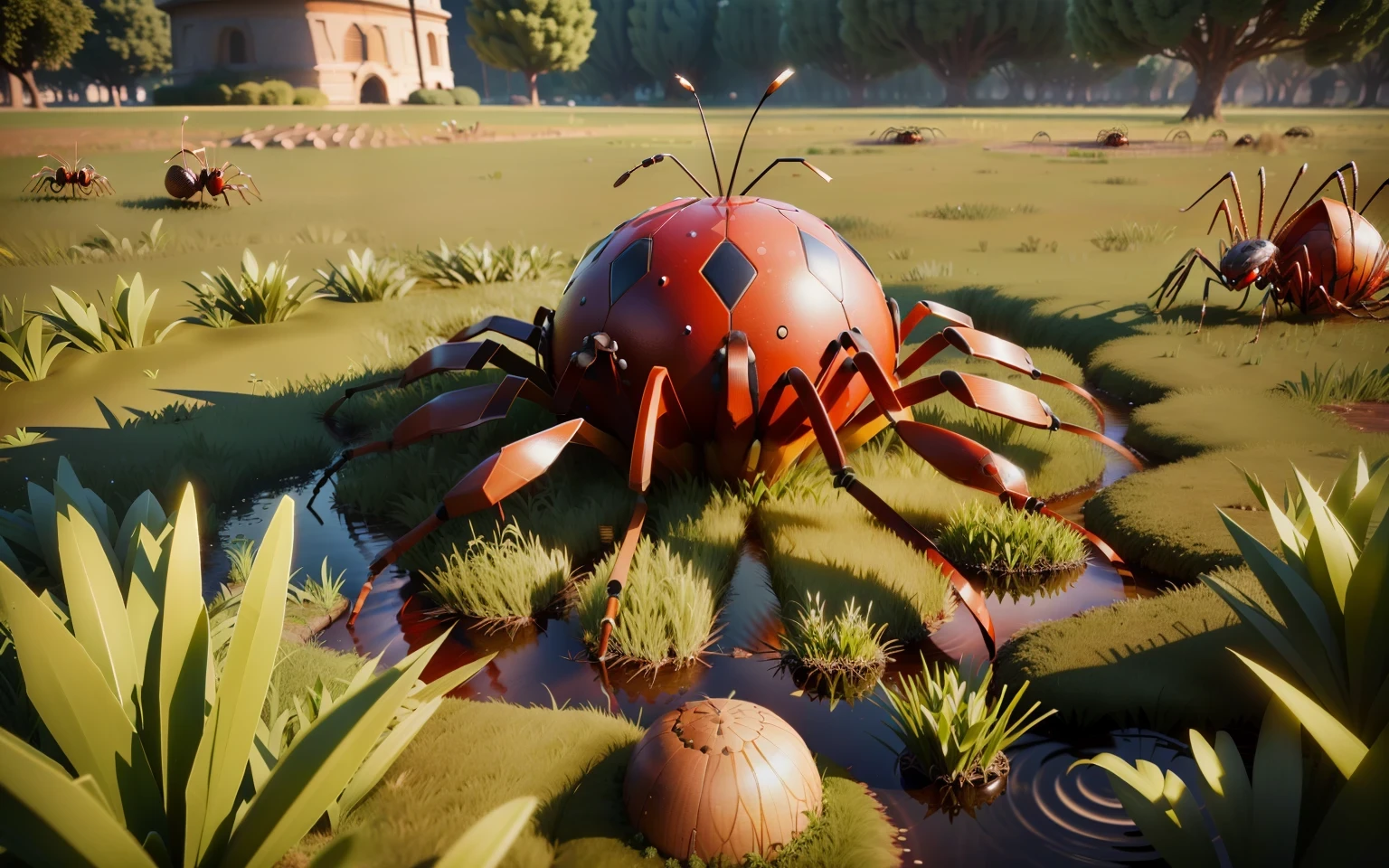 circle anthill, water spider, ants on ground, grass, game design, high quality, fanrasy 3D-imagine