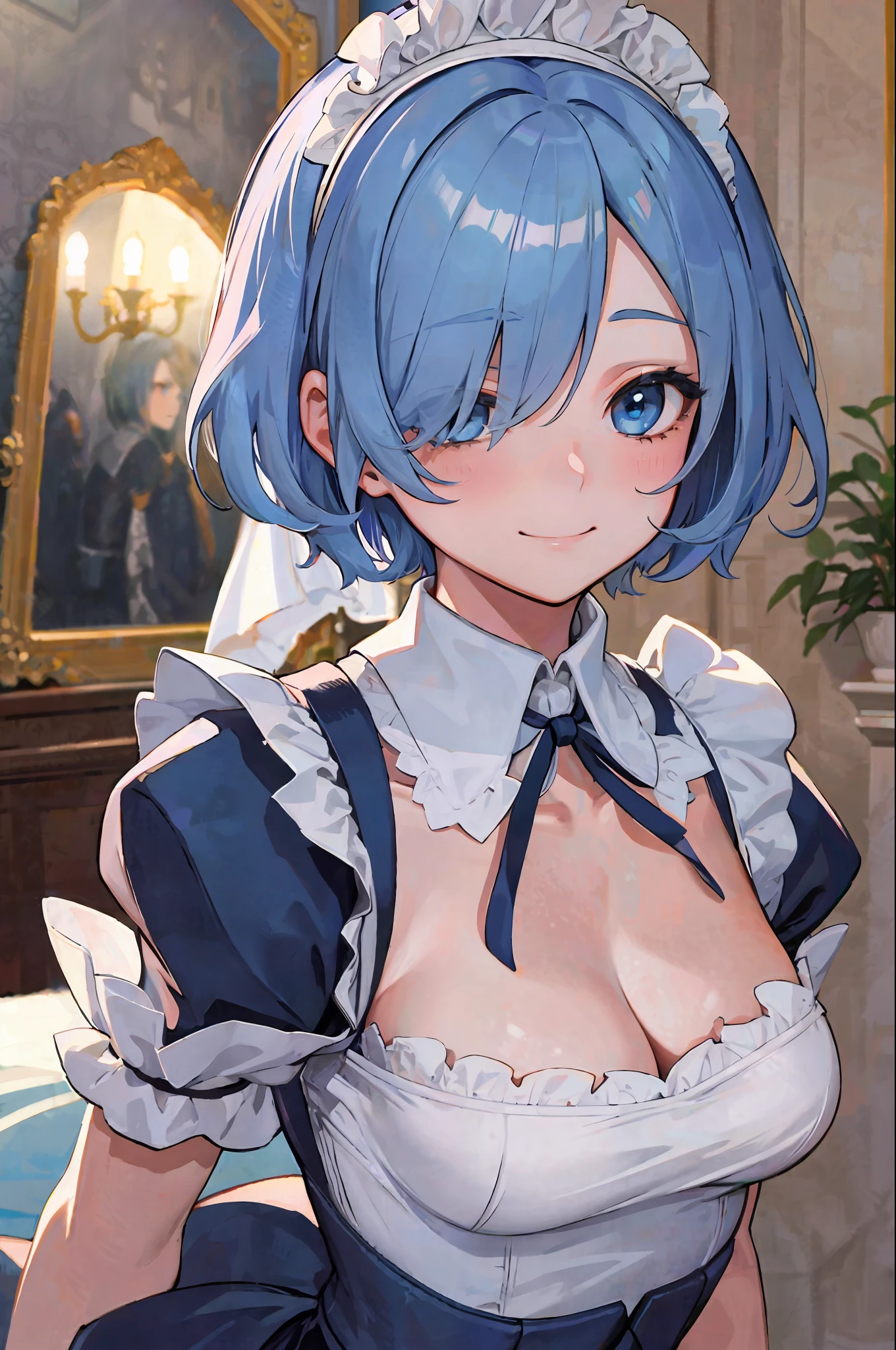 best quality,highly,detailed,masterpiece,ultra-detailed,
looking at viewer, ((1girl,solo)),skinny,blush, upper body,
(Delicate eyes,blue eyes),(smile),one eye covered, (cover right eye),hair over one eye,hair ornament,
medium breasts,cleavage,(roswaal mansion maid uniform),
hair ribbon,detached_sleeves, pink_ribbon,
(expressive hair,short hair,:1.2),blue hair,
nayutaren,