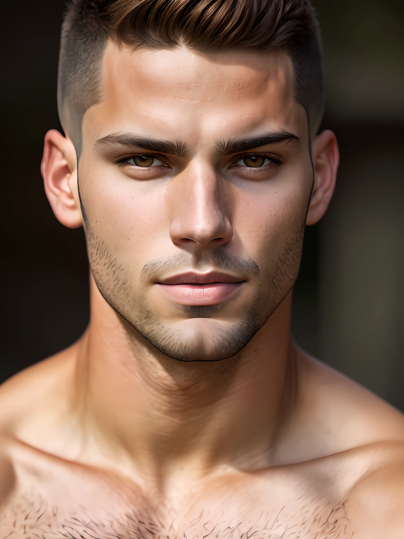 Full frame, close portrait, extremely beautiful male model, Herculean Greek male, Taupe fair skin, auburn buzzcut shaved hair, heterochromia honey eyes, (skin texture), skin pores, shallow depth of field, sharp eye focus, backlit