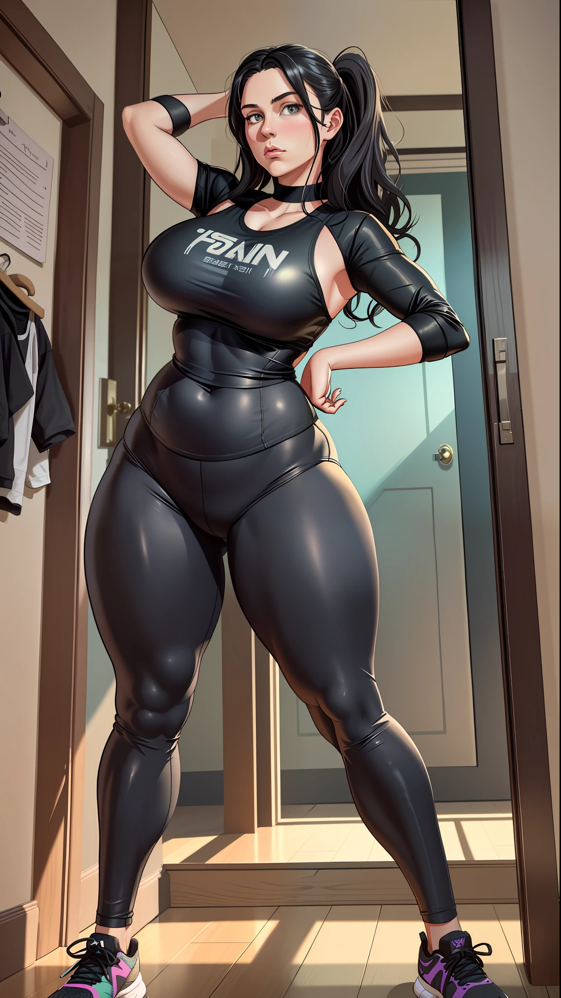 a woman in black top and leggings leaning against a closet, a photo, tumblr, large estate, , extremely realistic and real, parody, sporty, ayahausca, female gigachad, beautiful image, thicc, on a scenic background, in the high school gym, 🦩🪐🐞👩🏻🦳 posing as an 8k statue gradient background)