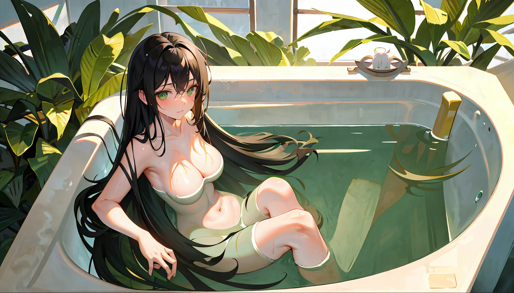 masterpiece, best quality, 1girl, black hair, long hair, green eyes, bath, wet, bathing, steam, wet hair, nude, bathtub, medium breasts, pov,, holding breasts,