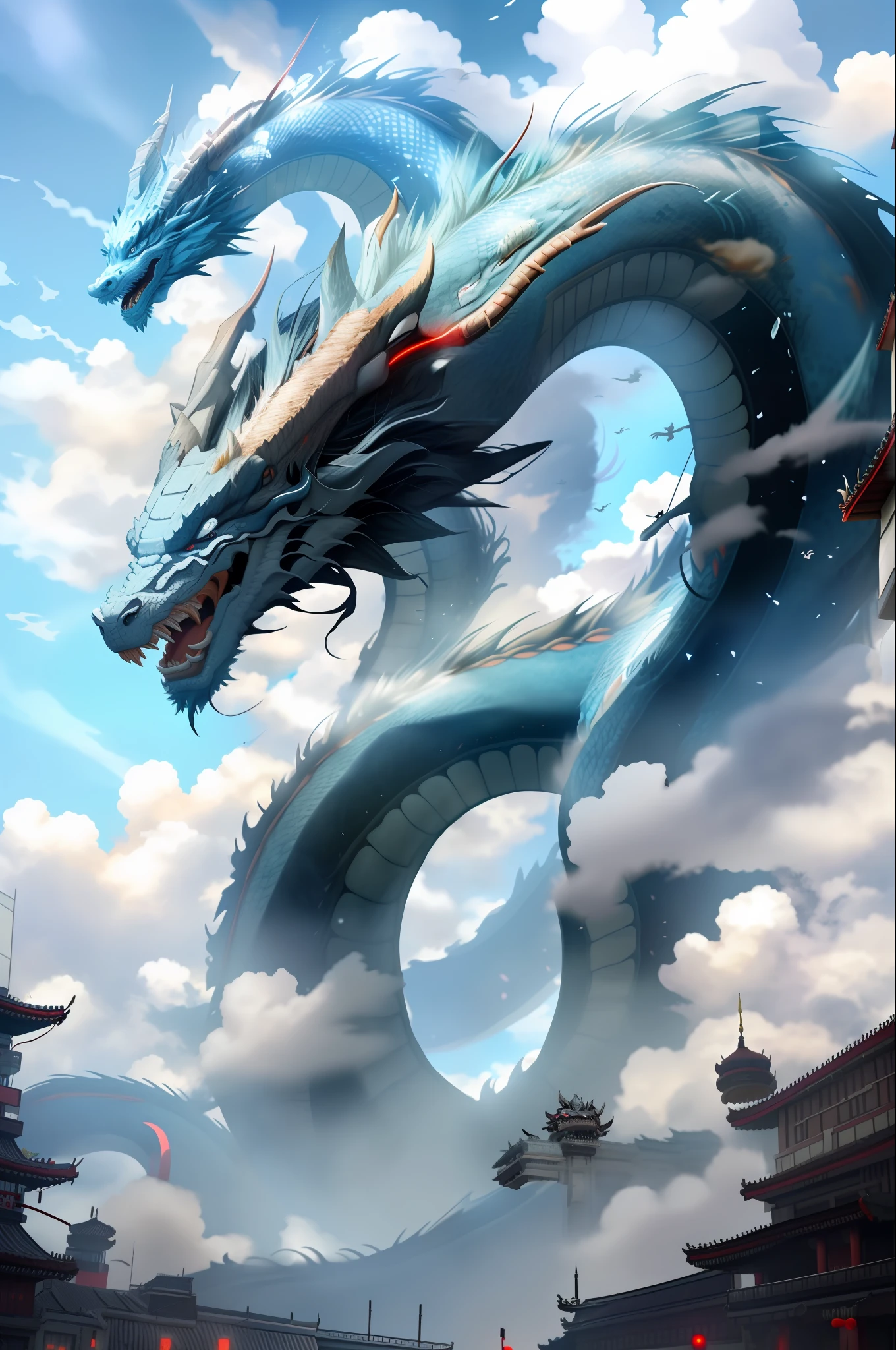 chinesedragon, cloud, sky, dragon, tongue, outdoors, day, building, destruction, cloudy sky, city, blue eyes, open mouth, teeth, sharp teeth, horns, glowing, no humans, tongue out