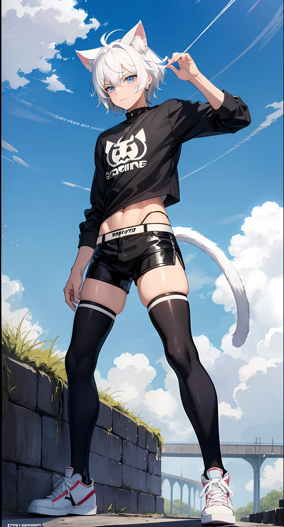 cat-boy, short white hair, bright blue eyes, big fluffy tail, big sharp cat ears, midriff, black long-sleeved shirt, sweat, black thigh socks, converse shoes, Vibrant, HD, masterpiece, best quality, slim upper body, thick lower body, toned abs, smug, full body view, divine powers, heroic stance