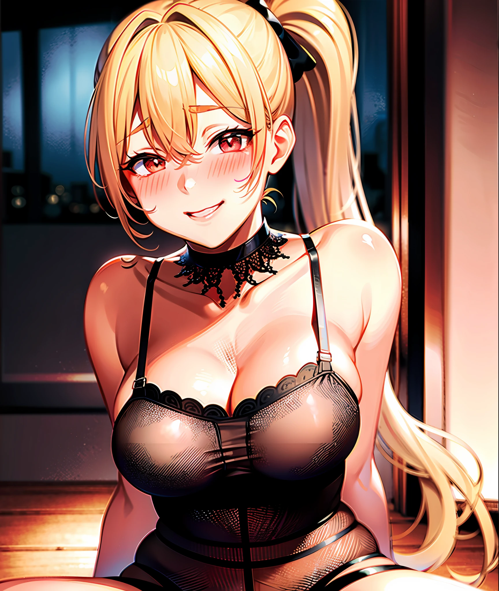 Blonde ponytail, f-cup, (naked:1.1), (see-through lingerie:1.3), (blushing face:1.5), smiling, ((erotic pose))