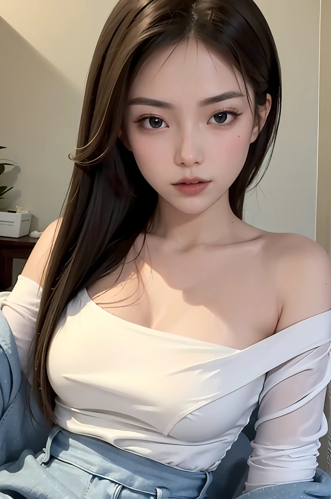 Fashion trendy beautiful and charming woman, gentle and charming Chinese beautiful woman, delicate and sexy collarbone, charming oval face, double eyelids, smart peach blossom eyes, pink lips, small nose, bare shoulders, focus on the face, close-up of the face, Ultra-high-definition, super-detailed, full-body photo, ultra-thin and light-transmitting, the white off-the-shoulder shirt perfectly echoes the light blue slit skirt, fresh and good, and can be seen through