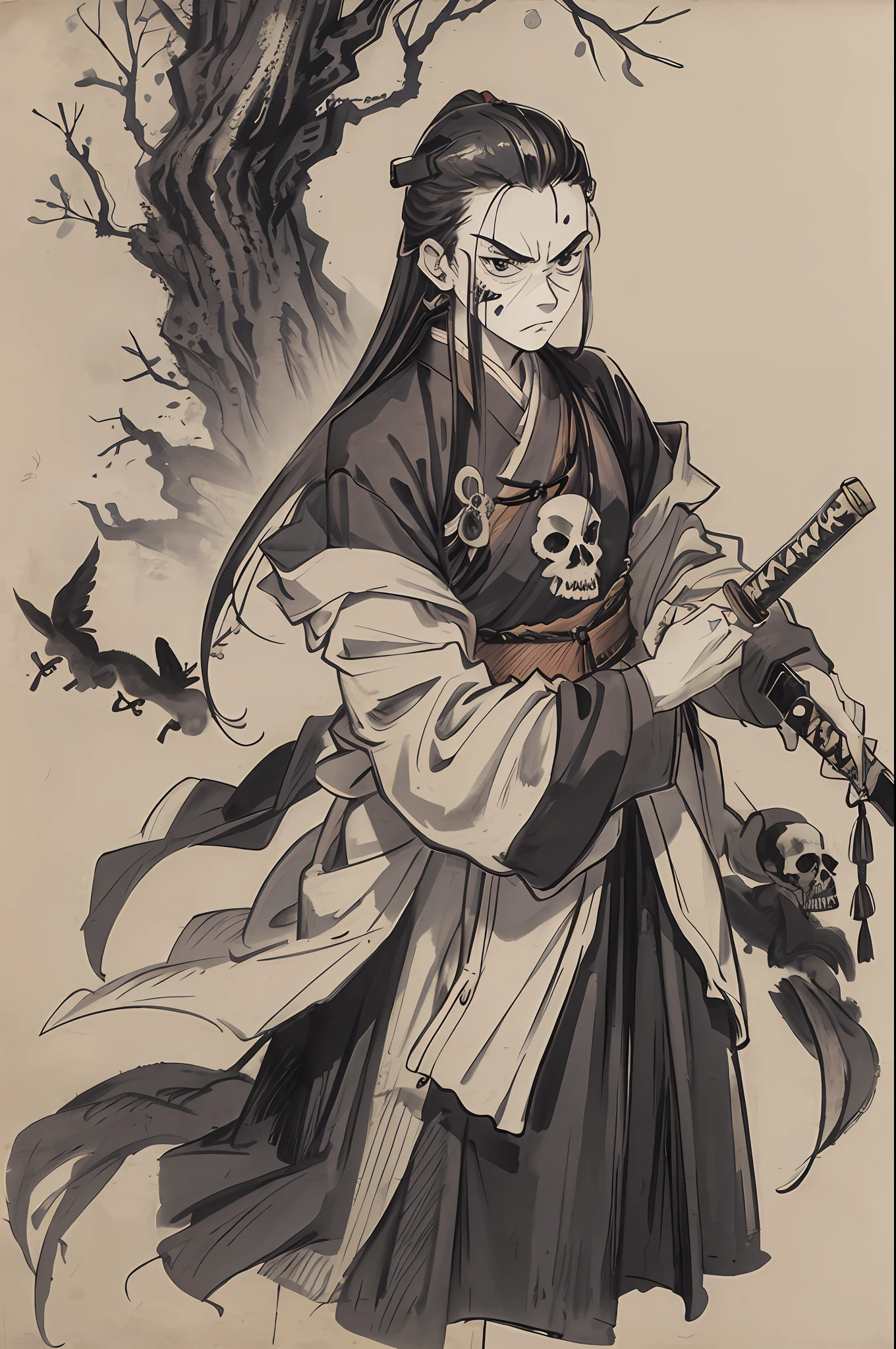 Medieval samurai, with katana, bird on shoulder, scar on face, angry face, plants, dog skull, black and white