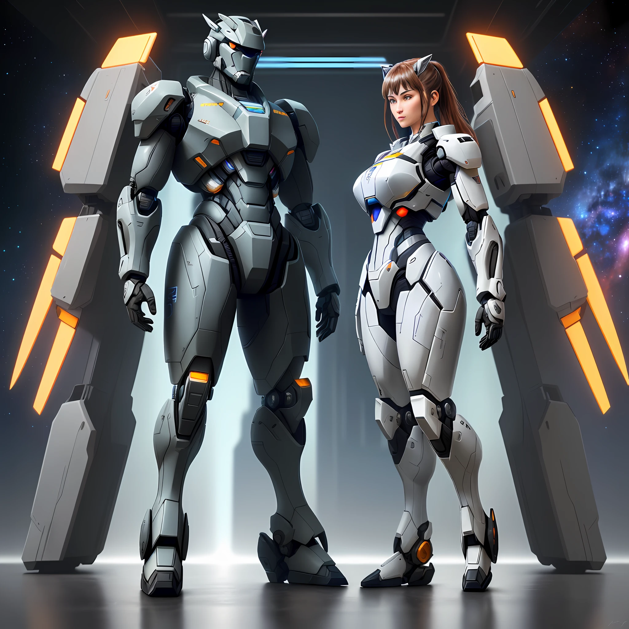 (The fighter mech is huge, realistic, realistic, fully displayed on the front side and back, rich in specific details, very three-dimensional: 1.2, can travel to and from the universe, design style, color matching is outstanding, cab details are perfectly displayed, the background is cosmic galaxy)