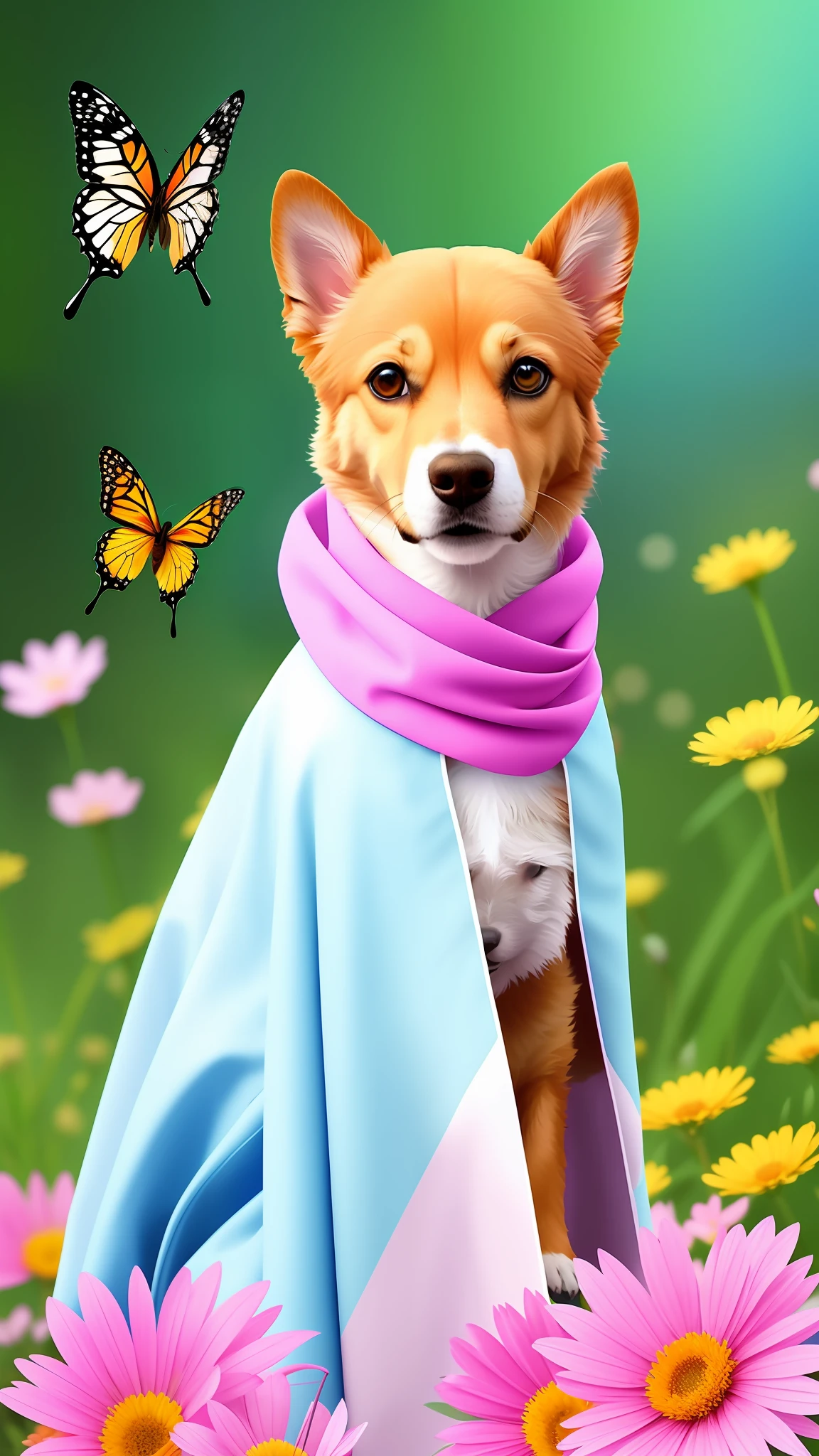 dog wrapped in a blanket with a vase and a butterfly, miko, spring season, spring, digital collage, 30, Marie Bashkirtseva, Nikolai, photography, beautiful spring spirit, Gzhel style, shaky, seasons!! : 🌸 ☀ 🍂 ❄ , [digital art]!!, spring season, spring, super realistic