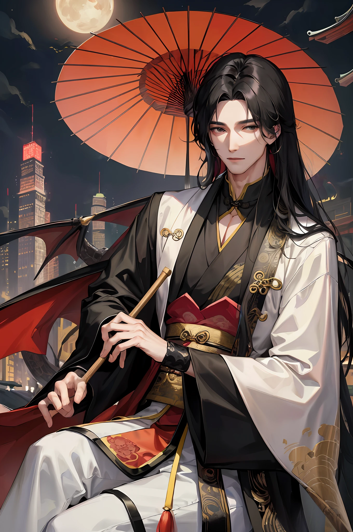 Masterpiece, Superb Class, Wooden House, Daytime, Clouds, City, 1 Male, Chinese Style, Ancient Chinese, Black Hair, Black Eyes, Long Split Hair, Long Bangs, Handsome, Masculine, Gentle, Tall, Calm, Colorful Clothes, Dragon Pattern Prince, Umbrella
