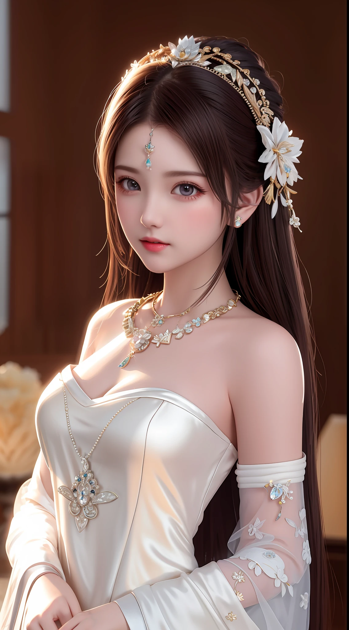 Best Quality, Masterpiece, High Resolution, 1girl, Porcelain Dress, Hair Accessories, Necklace, Jewelry, Pretty Face, On Body, Tyndall Effect, Realistic, Shadow Studio, Rim Lighting, Dual Tone Lighting, (High Detail Skins: 1.2), 8k UHD, dslr, soft light, high quality, volume light, sneak shot, photo, high resolution, 4k, 8k, background blur,