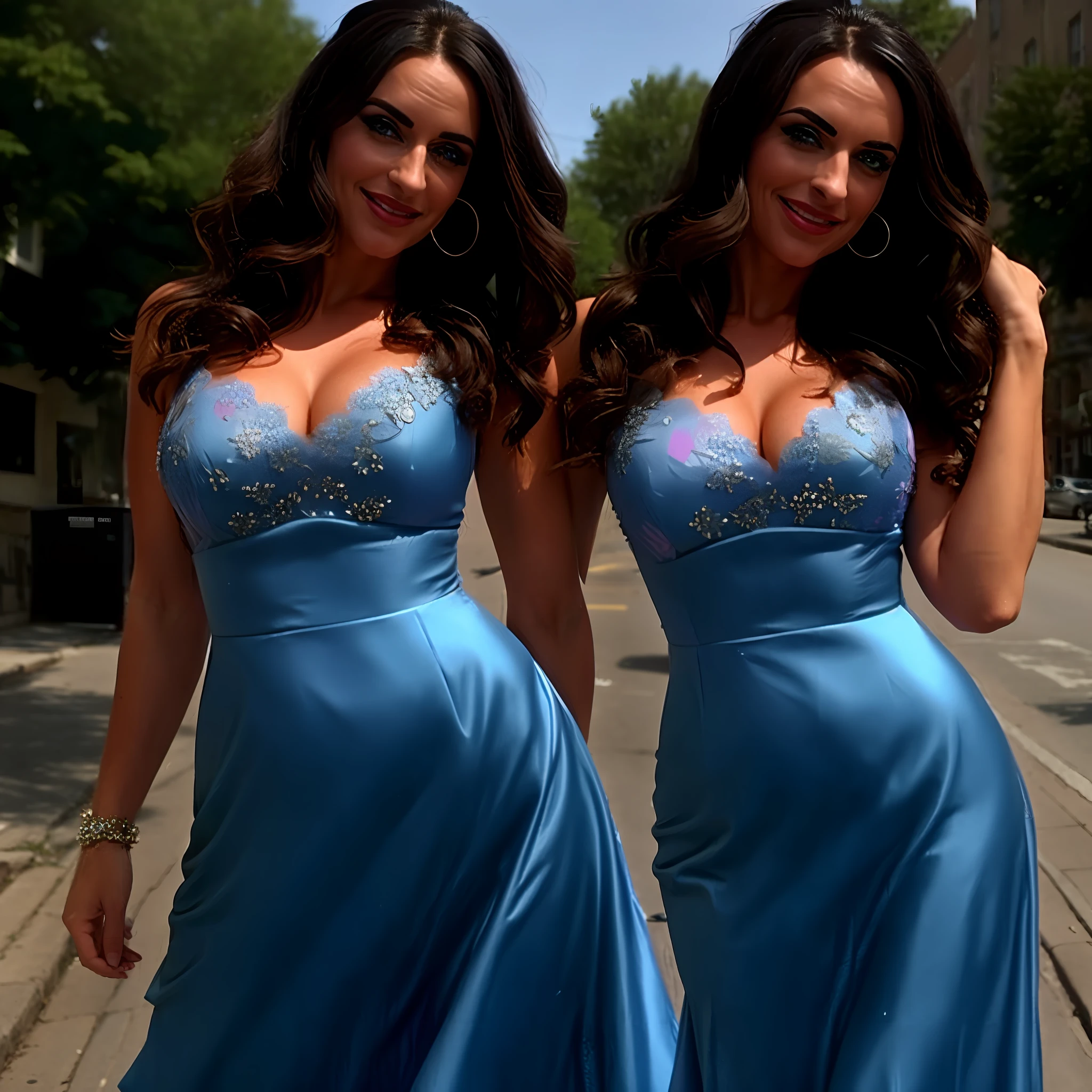 a woman in a blue dress is posing on the street, dressed in blue, in blue dress, wearing a plastic blue dress, wearing blue dress, blue dress, on the sidewalk, on sidewalk, cleavage, playful smirk, looking hot, sexy dress, lacey, in a dress, wearing a blue dress, sultry smirk, seductive smirk, beautiful goddess