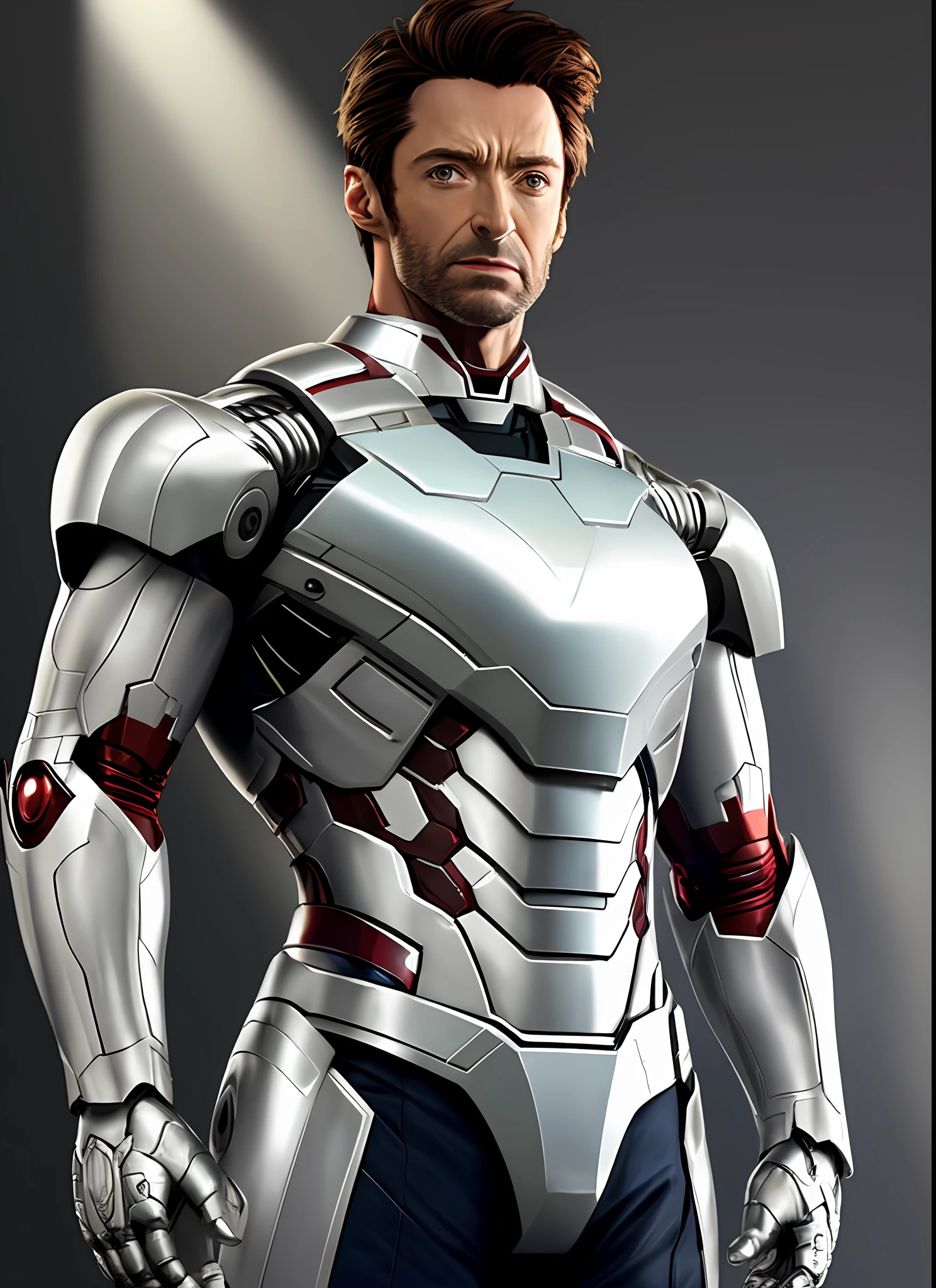 (Masterpiece), Hugh Jackman in silver and white colored Iron man suit, realistic detail, real life, perfect lighting, perfect face, perfect hairstyle, studio lighting, perfect shading, real shadow, ray tracing, fire, plasma gun, warfare, 1man, 1adultman