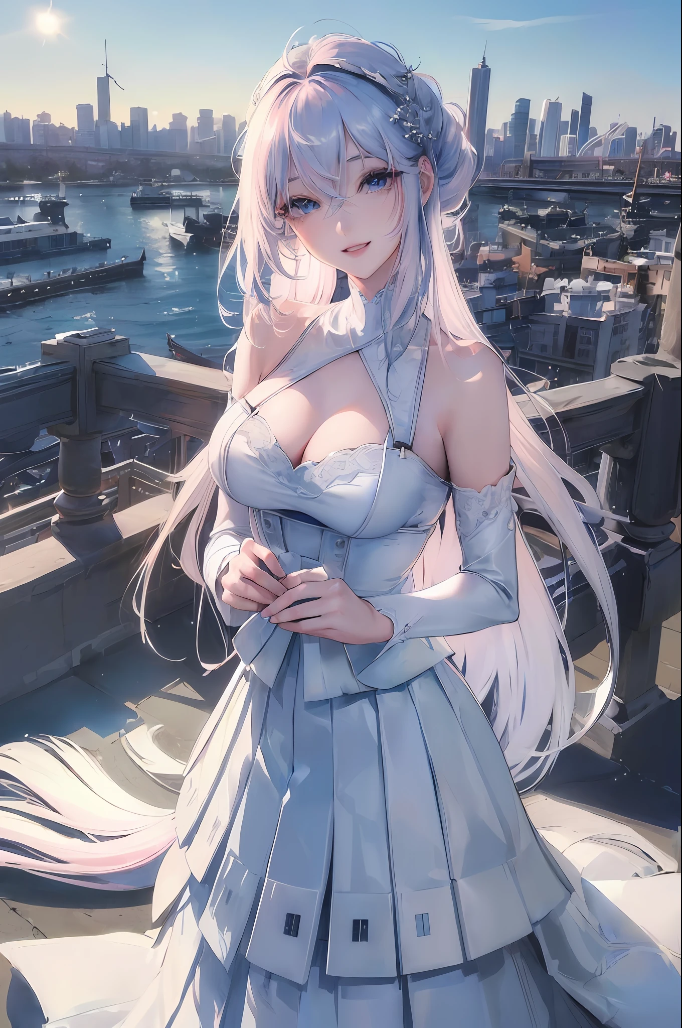 official art, masterpiece, sharp focus, (beautiful gorgeous cute Korean woman:1.3), (beautiful cute korean:1.3), korean beauty, Delicate and beautiful hair and eyes and face, realistic, ultra detailed, beautiful girl, blue sky, glow white particle, (sidelighting:1.2), sun light, white cloud, detailed clouds, slender, Lovely very large and very large hips, smile with teeth, ((smile with eyes, open both eyes)), scenery, long straight hair, sexy fal expression, building, (cityscape:1.7), dynamic hair, long straight hair, detailed platinum pink hair, glow blue eyes, (blue pleated shirts + white skirt), white long socks, pale skin, hair ornament, epic scenery,