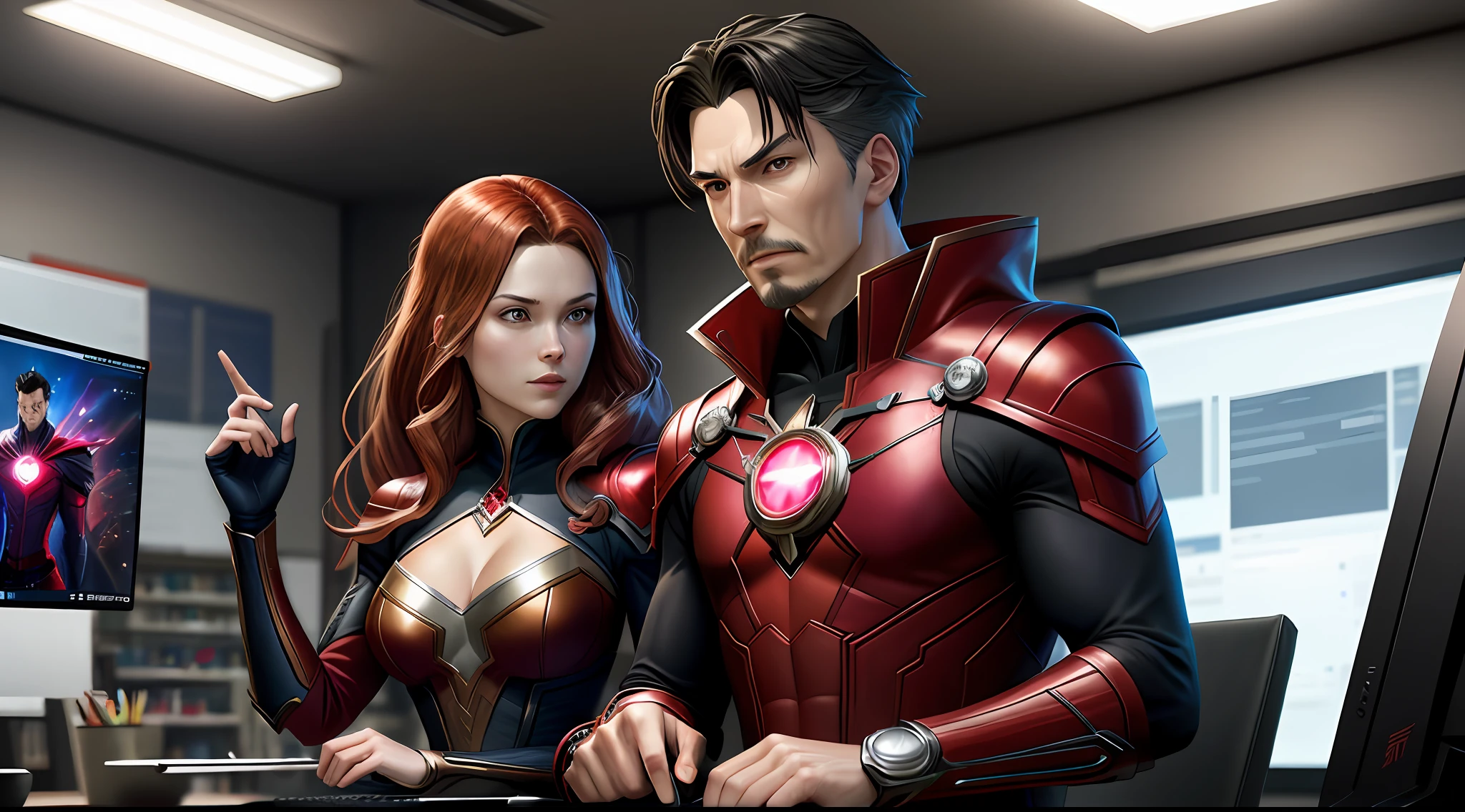 Dr Strange and Scarlet Witch working in a design office using computers. There are two people sitting at a desk with a laptop, CG Art, WorkSafe.cgSociety, WorkSafe. CGSsociety, fan art, in Marvel and DC style, official fanart, crimson theme, commission for high res, highly detailed exquisite fanart, marvel style, murata and artgerm range, artstation hq", cgsociety 8k