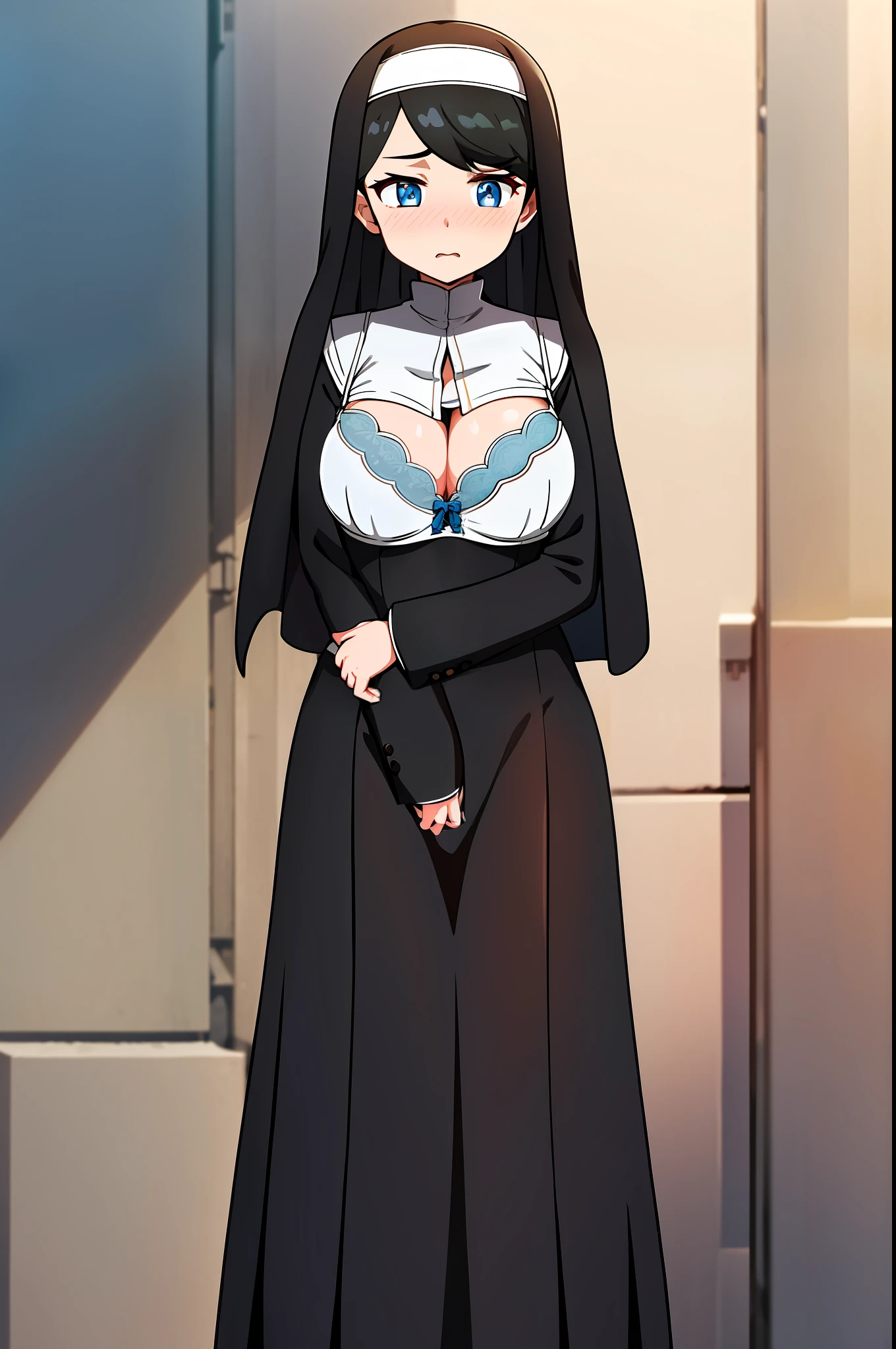 (extremely detailed CG unit 8k wallpaper: 1.1), high resolution, detailed body skin, contrast, color, shadows, street background, 1girl, nun, long black hair, (blue eyes), huge chest, loose breasts, hands on breasts, embarrassed, gothic, transparent clothing, se through clothing, sheer clothing, sheer dress, white bra, da to see the bra, bra exposed, bra leaked,  bra showing, white bra, embarrassed, surprised, mouth open, discovering that the bra is showing, very embarrassed, trying to cover the breasts with her hands, trying to cover, exposed, hard