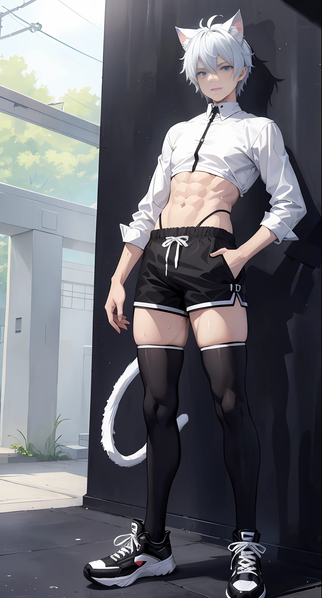 cat-boy, short white hair, bright blue eyes, big fluffy tail, big sharp cat ears, midriff, black long-sleeved shirt, sweat, black thigh socks, converse shoes, Vibrant, HD, masterpiece, best quality, slim upper body, thick lower body, toned abs, smug, full body view, androgynous