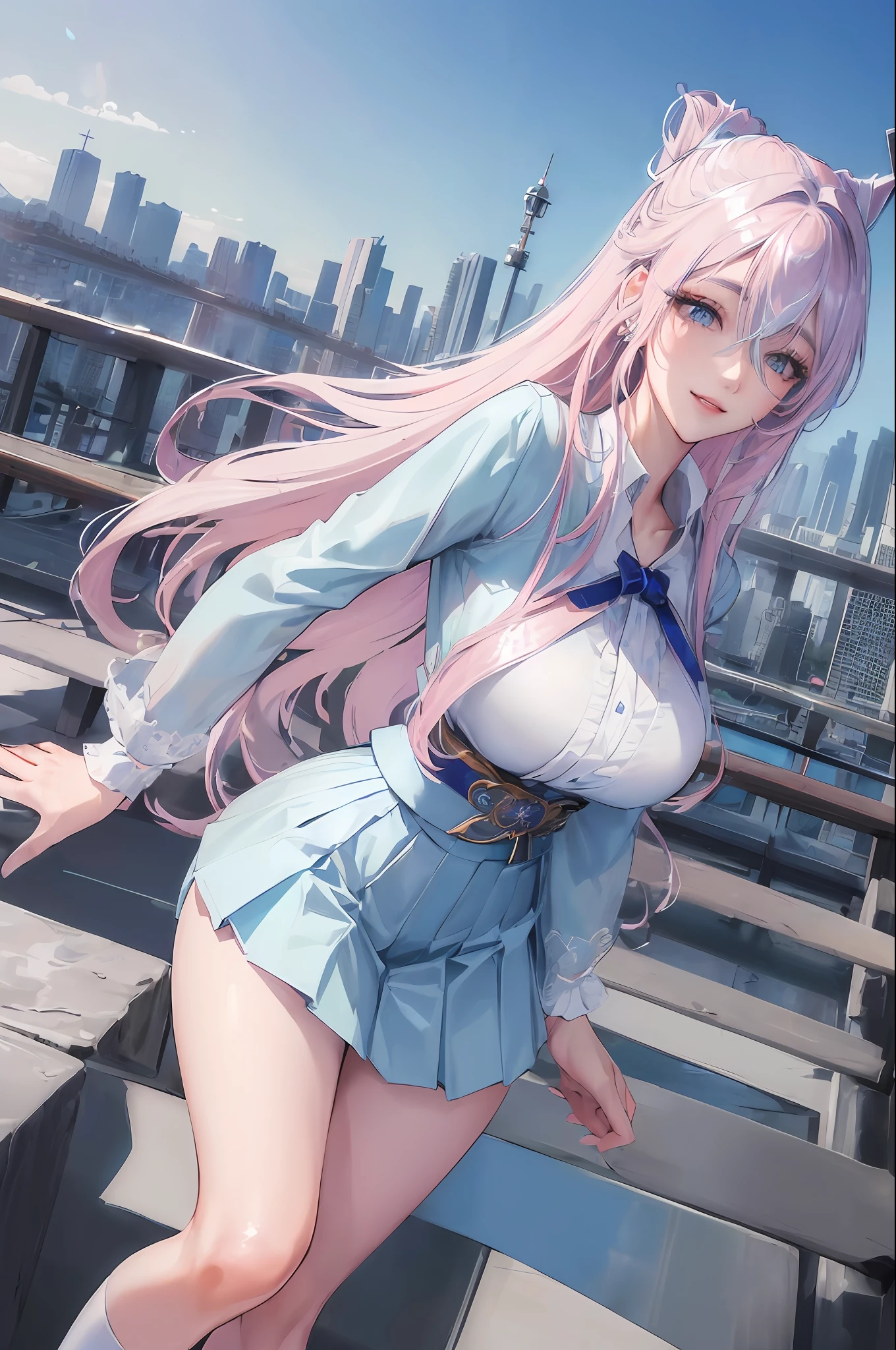 official art, masterpiece, sharp focus, (beautiful gorgeous cute Korean woman:1.3), (beautiful cute korean:1.3), korean beauty, Delicate and beautiful hair and eyes and face, realistic, ultra detailed, beautiful girl, blue sky, glow white particle, (sidelighting:1.2), sun light, white cloud, detailed clouds, slender, Lovely very large breasts and very large hips, smile with teeth, ((smile with eyes, open both eyes)), scenery, long straight hair, sexy facial expression, building, (cityscape:1.7), dynamic hair, long straight hair, detailed platinum pink hair, glow blue eyes, (blue pleated shirts + white skirt), white long socks, pale skin, hair ornament, epic scenery,