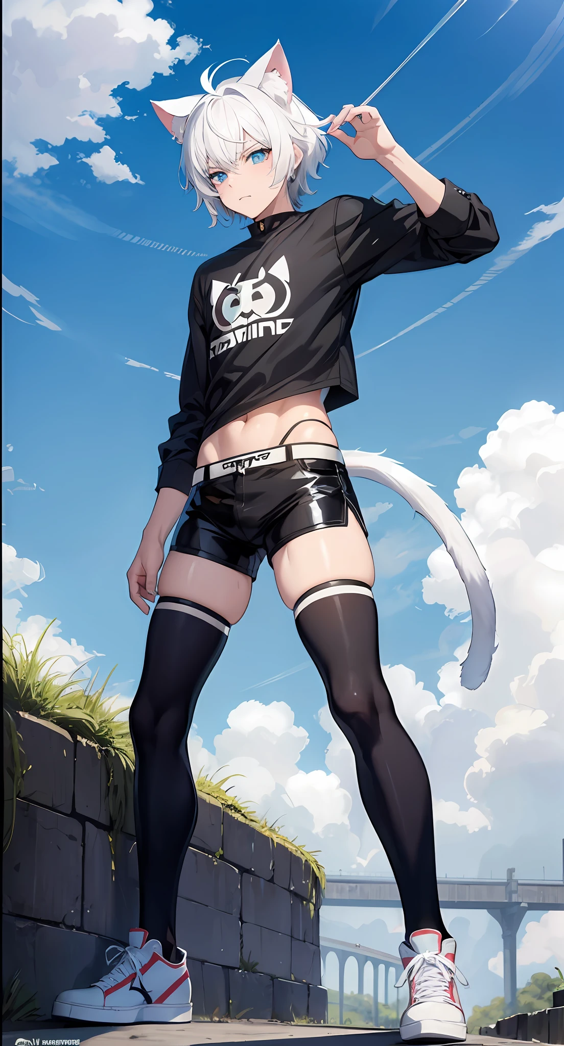 cat-boy, short white hair, bright blue eyes, big fluffy tail, big sharp cat ears, midriff, black long-sleeved shirt, sweat, black thigh socks, converse shoes, Vibrant, HD, masterpiece, best quality, slim upper body, thick lower body, toned abs, smug, full body view, divine powers, heroic stance