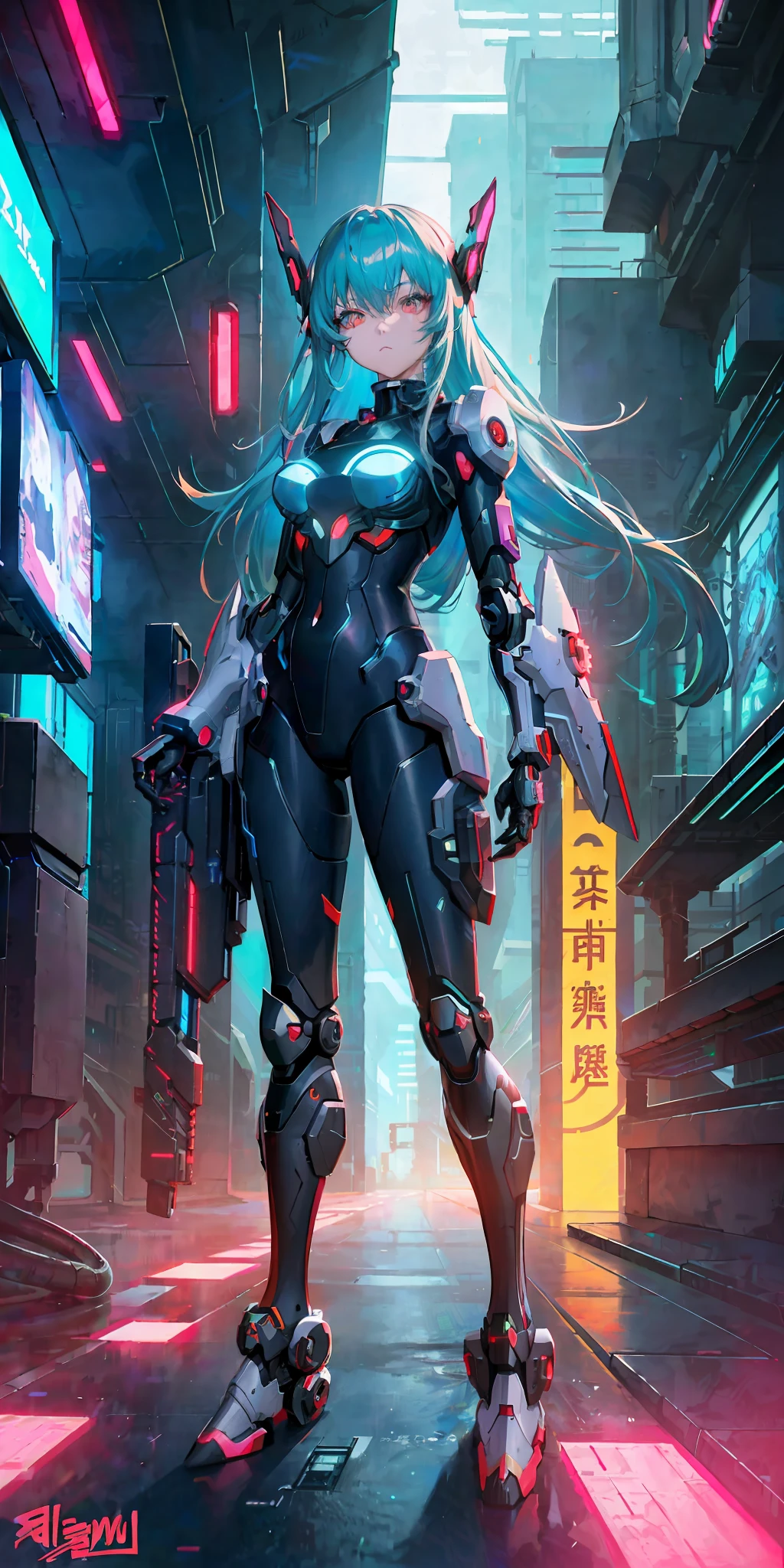 (Cyberpunk anime girl mecha, 8k quality, Guweiz, Russell Dongjun Lu, Ross tran and other well-known artists signature style), construct unique patterns, (detail setting + fluorescent glow) and (digital art special effects + cool network armor) to create a gorgeous cyberpunk future.