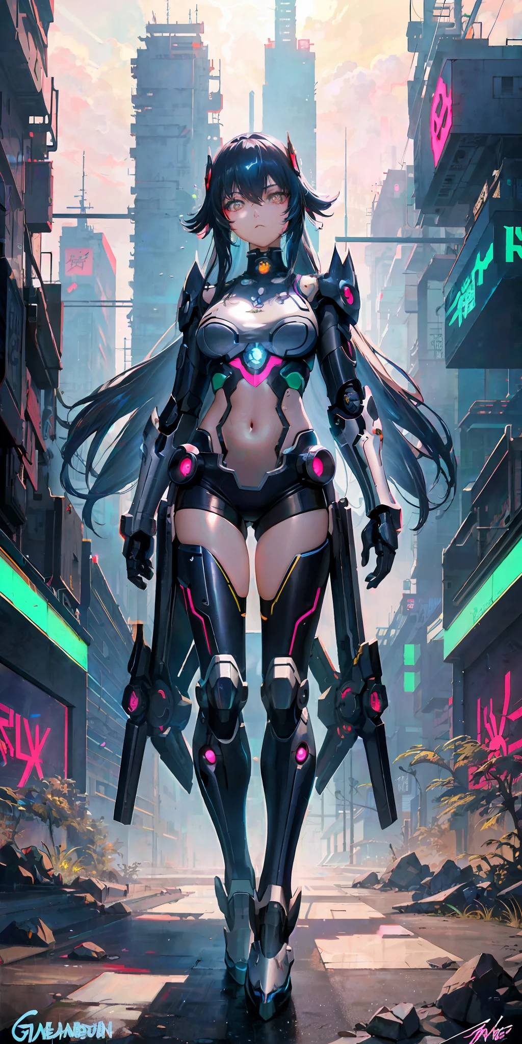 (Cyberpunk anime girl mecha, 8k quality, Guweiz, Russell Dongjun Lu, Ross tran and other well-known artists signature style), construct unique patterns, (detail setting + fluorescent glow) and (digital art special effects + cool network armor) to create a gorgeous cyberpunk future.