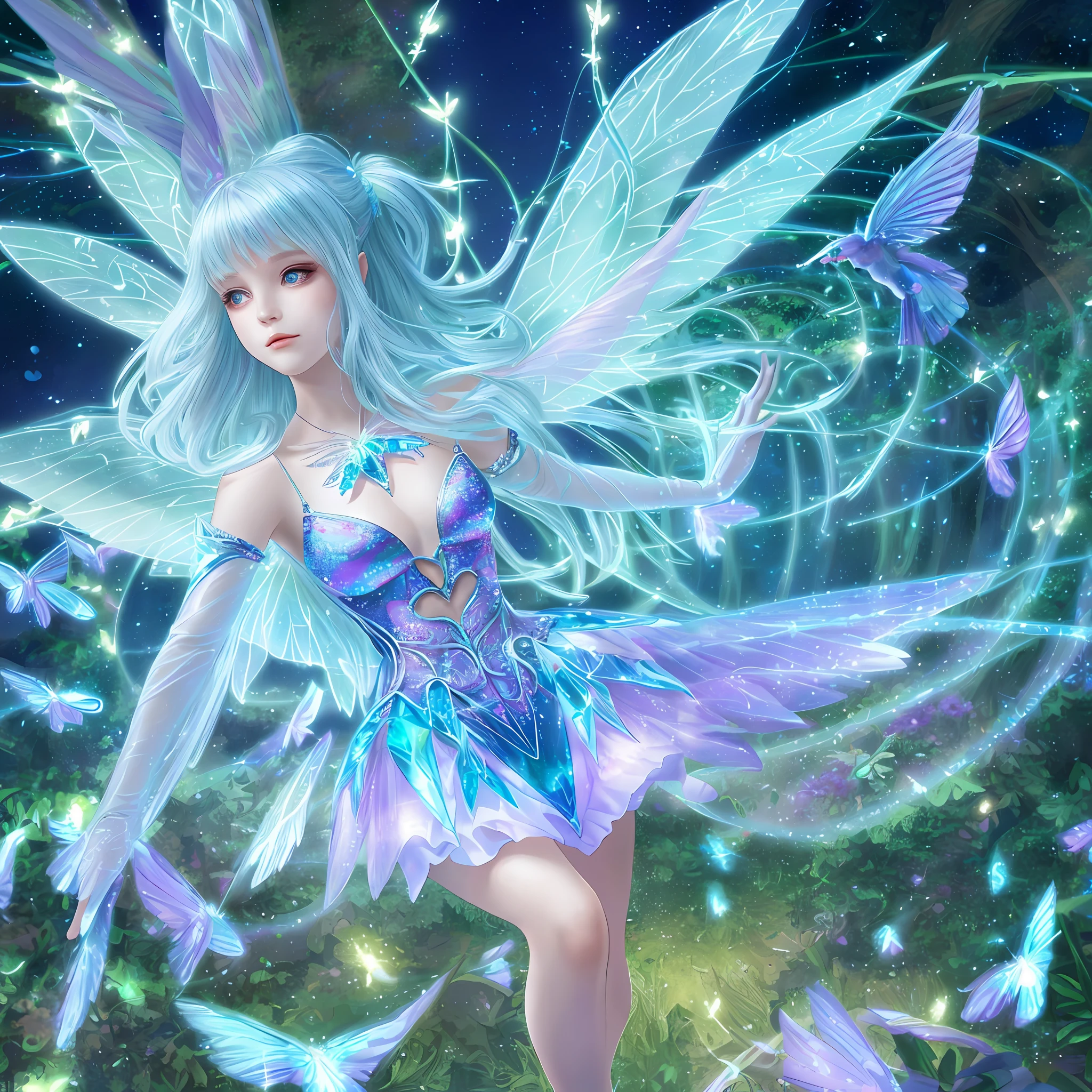 ultra detailed fairy with holographic dress and wings, well placed wings, stuningly beautiful face, focus on face, dynamic pose, holographic, light particles, mystical magic looking, fairy tale, forest at night with some fireflies, ultra detailed illustration by Loish and Artgerm, WLOP, hit definition, 32k resolution, best quality