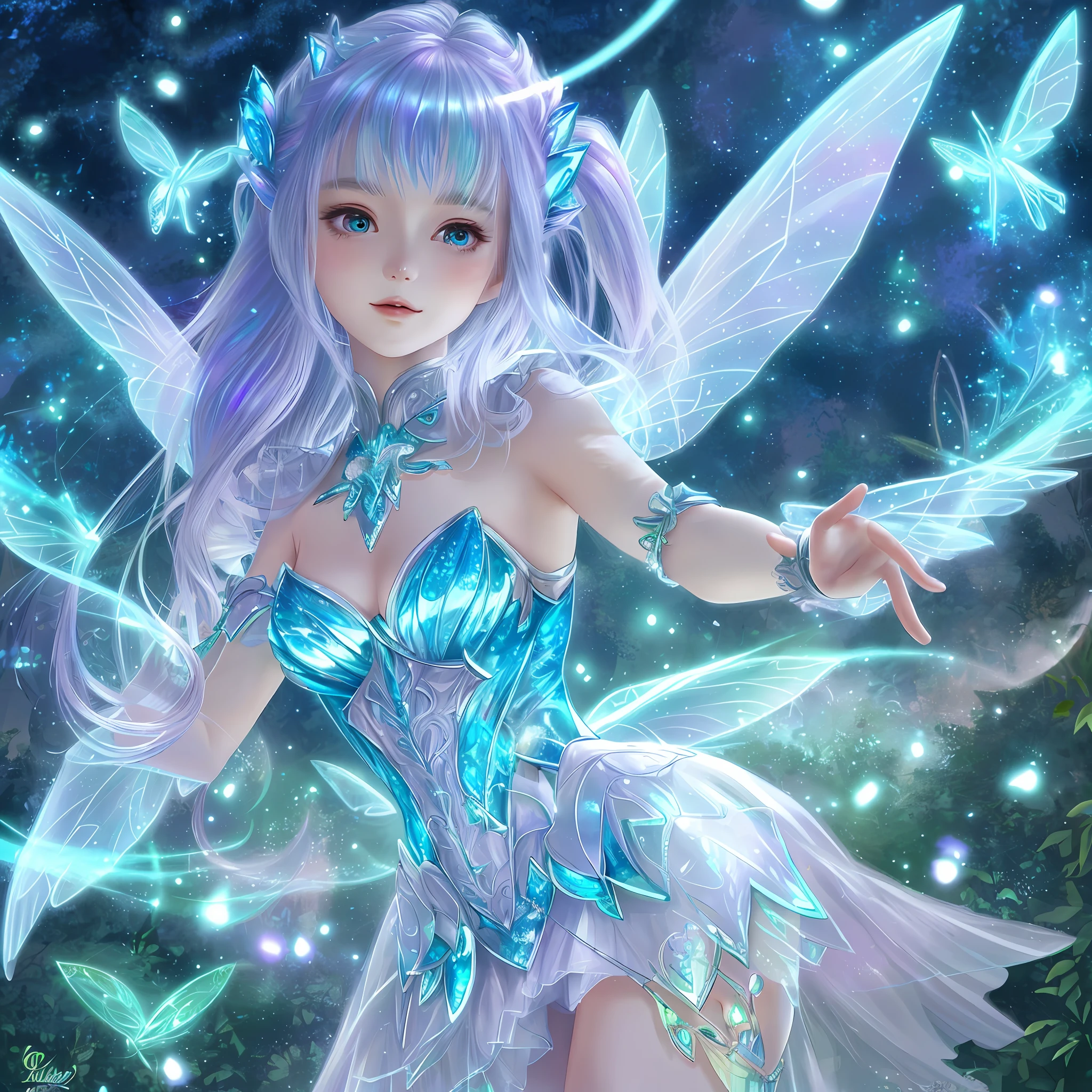 ultra detailed fairy with holographic dress and wings, well placed wings, stuningly beautiful face, focus on face, dynamic pose, holographic, light particles, mystical magic looking, fairy tale, forest at night with some fireflies, ultra detailed illustration by Loish and Artgerm, WLOP, hit definition, 32k resolution, best quality