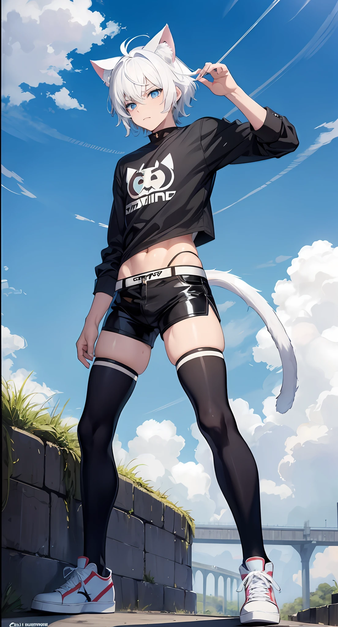 cat-boy, short white hair, bright blue eyes, big fluffy tail, big sharp cat ears, midriff, black long-sleeved shirt, sweat, black thigh socks, converse shoes, Vibrant, HD, masterpiece, best quality, slim upper body, thick lower body, toned abs, smug, full body view, divine powers, heroic stance