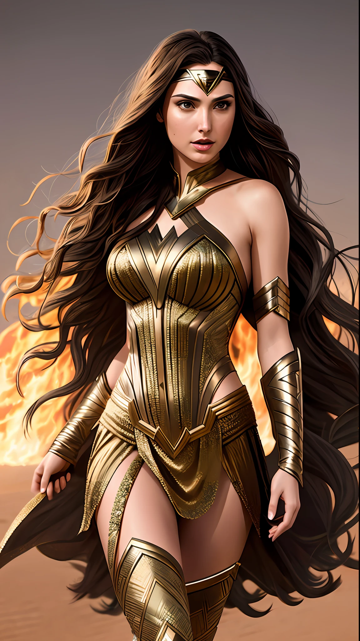 create gal gadot with long hair at hip height, full body photo of the world's most beautiful artwork with a beautiful woman dressed in an intricate outfit on the man on fire in the desert, iridecent, trend in ArtStation, CGSociety, Intricate, High Detail, Sharp focus, dramatic, photorealistic painting art by greg Rutkowski