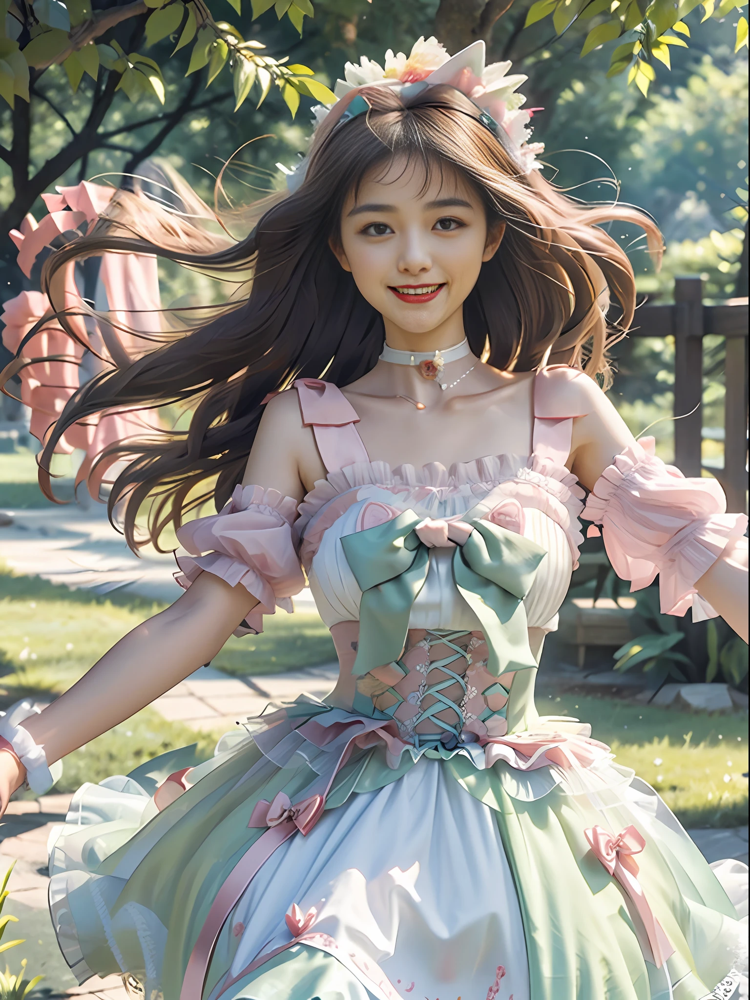 (Ultra-realistic 8K.) CG: 1.1), Perfect artwork, Sunshine, (looking at the audience), Masterpiece, (Perfect NwsjMajic:1.6), (Perfect face in painting: 1.3), (Beautiful face: 1.2), (Delicate facial features: 1.2), (Chinese girl: 1.5), Happy, (Fine eye: 1.3), (25 years: 1.5), (Solo: 1.5), Bloom, Wide buttocks, Slim, Blush, Flower, (smile: 1.3), Long brown hair, Medium breasts, (Long flowing hair: 1.3), (whole body: 1.6), (radiant garlic: 1.3), (transparent fingers: 1.3), (sweet_lolita: 1.3), wind blowing skirt and hair, light green clothes
