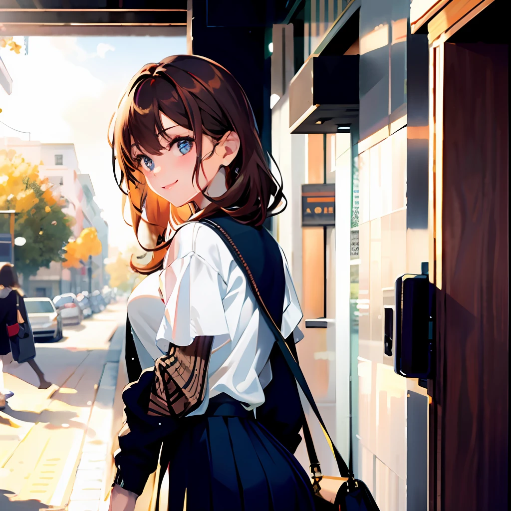 Masterpiece, best quality, best quality, amazing, beautiful details eyes, girl, fine details, depth of field, extremely detailed CG unified 8k wallpaper, white t-shirt, knitted sweater cardigan, pleated skirt, school, university gate, perfect light, smile
