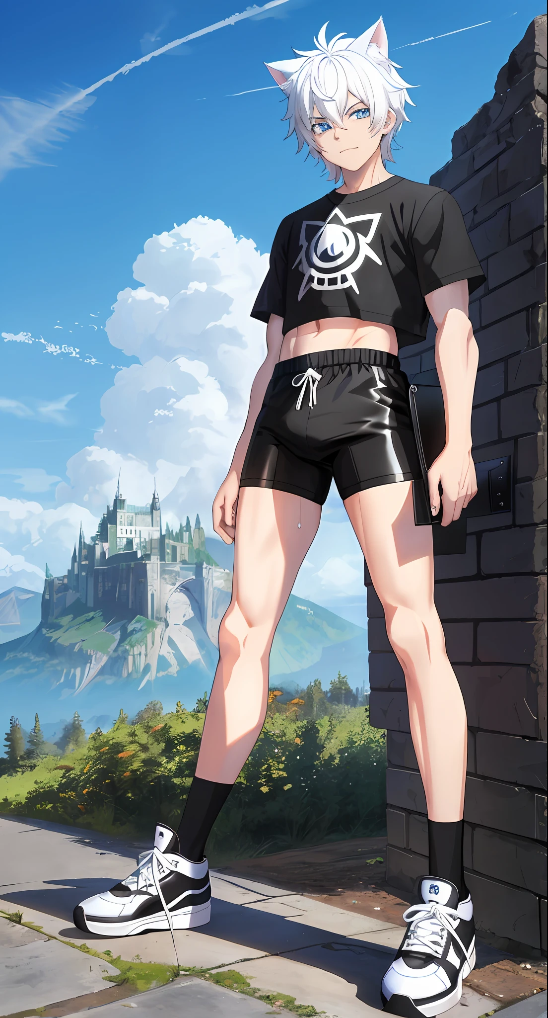 cat-boy, short white hair, bright blue eyes, big fluffy tail, big sharp cat ears, midriff, black long-sleeved shirt, sweat, black thigh socks, converse shoes, Vibrant, HD, masterpiece, best quality, smug, full body view, heroic stance, mountain setting