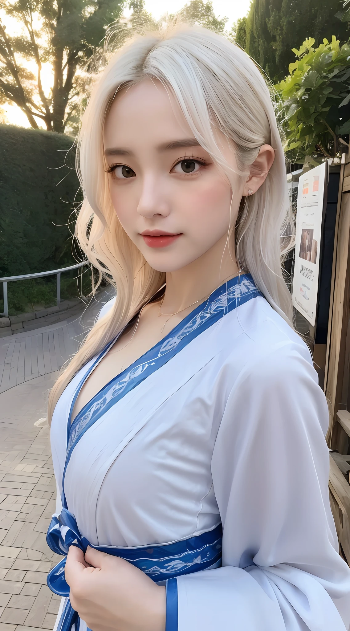 ((Realistic lighting, Best quality, 8K, Masterpiece: 1.3)), Clear focus: 1.2, 1girl, Perfect body beauty: 1.4, Slim abs: 1.1, ((White hair, Milk: 1.3)), Cowboy pose, (Outdoor, Daytime: 1.1), City street, Super fine face, fine eyes, double eyelids, curly hair, fair skin, Hanfu