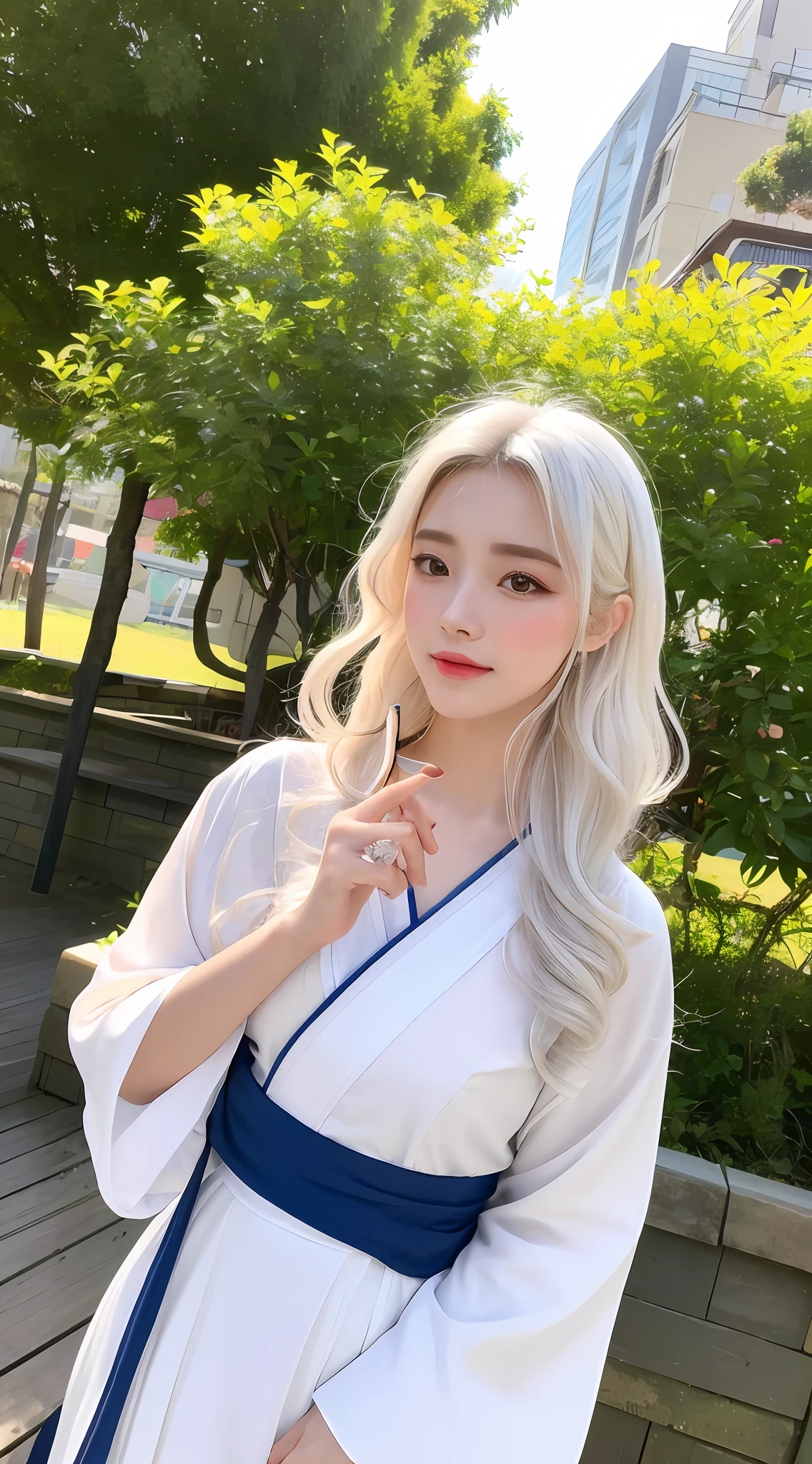 ((Realistic lighting, Best quality, 8K, Masterpiece: 1.3)), Clear focus: 1.2, 1girl, Perfect body beauty: 1.4, Slim abs: 1.1, ((White hair, Milk: 1.3)), Cowboy pose, (Outdoor, Daytime: 1.1), City street, Super fine face, fine eyes, double eyelids, curly hair, fair skin, Hanfu