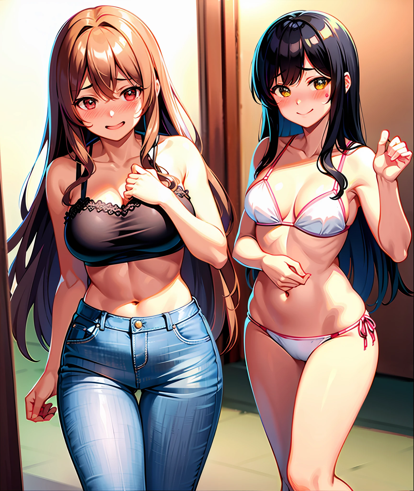 Brown long hair, f-cup, bikini, jeans, (blushing face:1.5), smiling, cowboy shot, ((gravure pose))