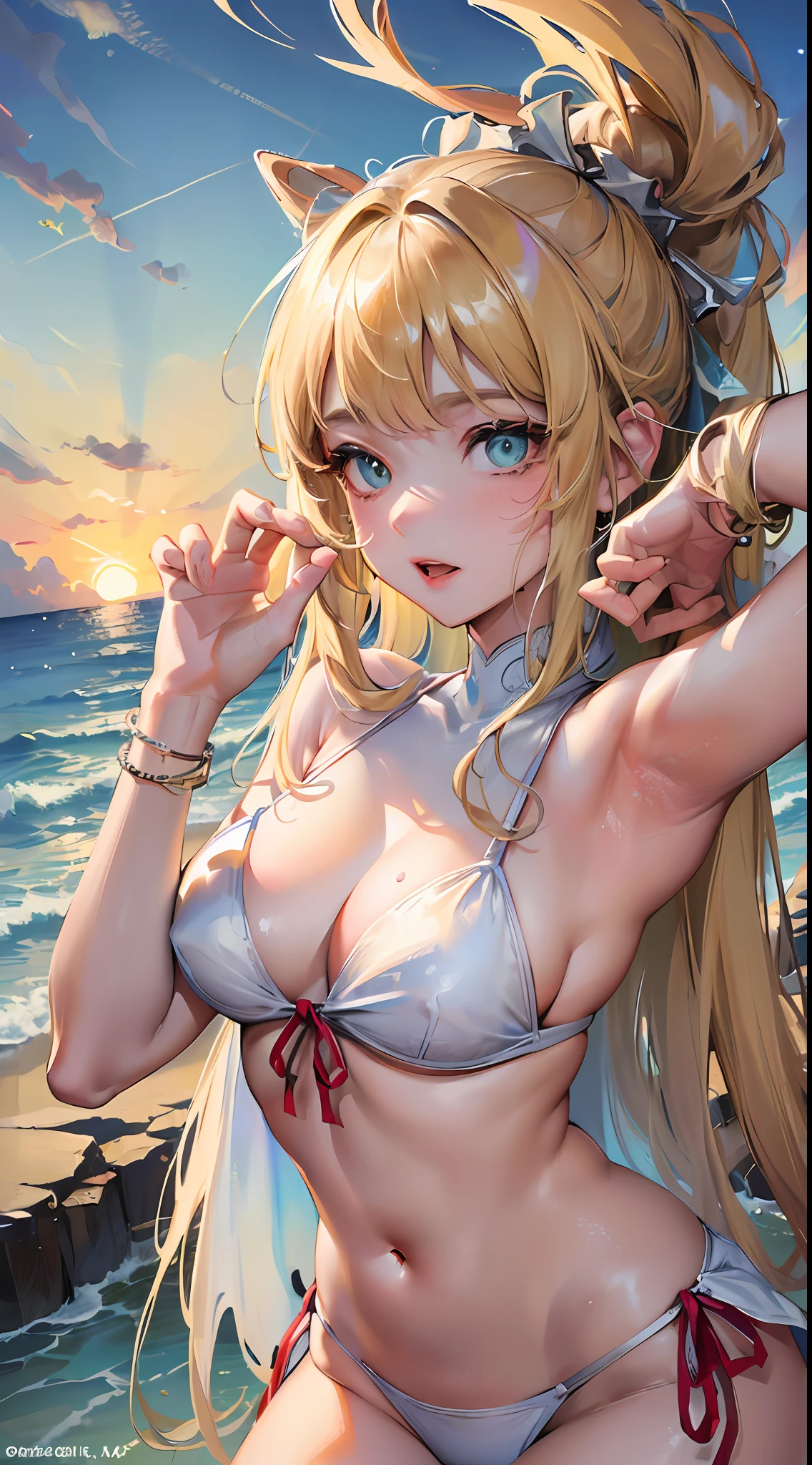 (((masterpiece: 1.5, best quality, high resolution: 1.3, super resolution, super detailed, ultra detailed:1.3, rich background:1.2))), ((face close up)), 1girl, solo, green eyes, blonde long hair tied with blue ribbon, blunt bangs, cute hairpin, transparent white bikini, white panties, ((raises one hand)), (armpit), (sweat), (outdoor), ((sea: 1.2)), ((beach)), scenery, (dusk), ((dynamic light: 1.4))