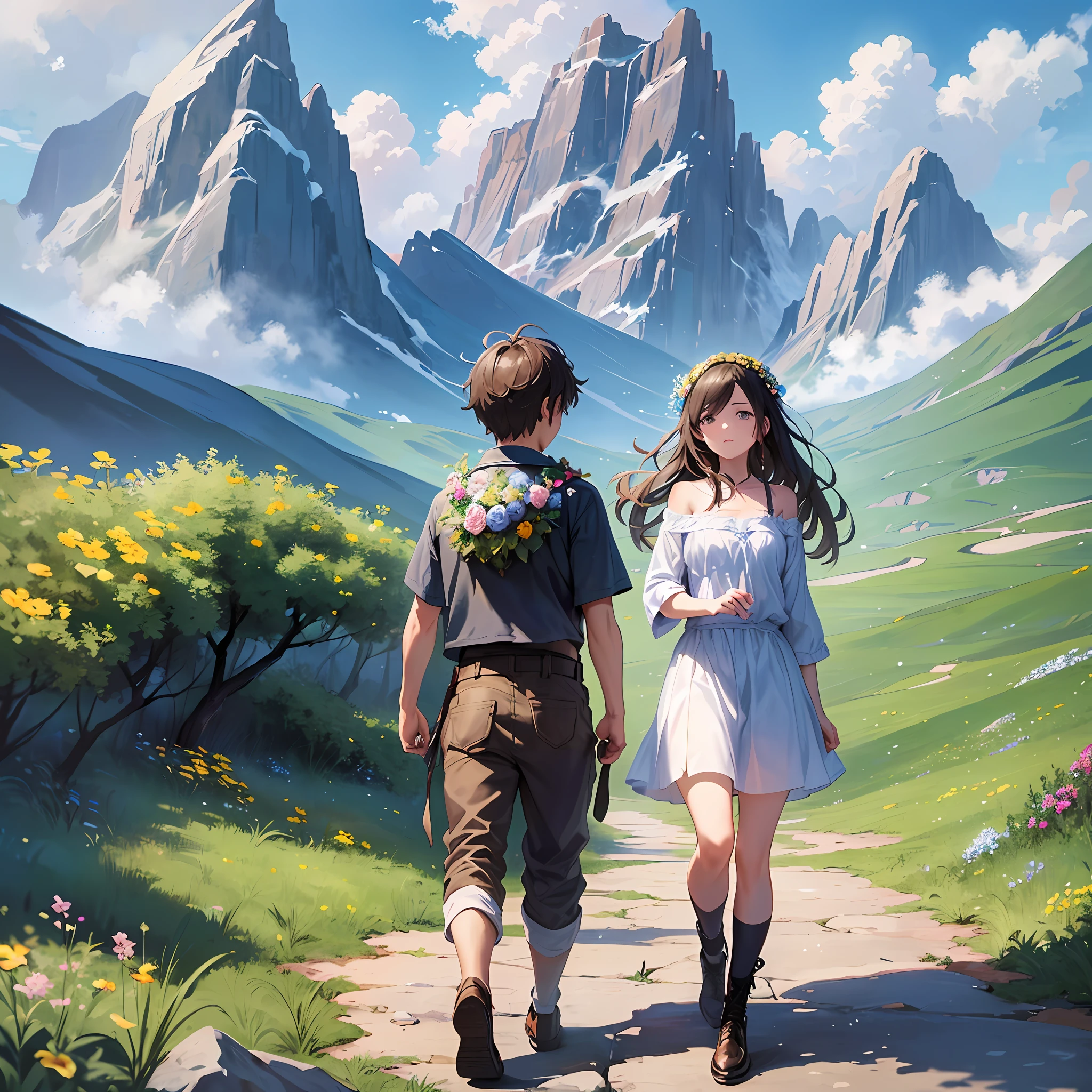 masterpiece, (image dimension: 2.2), best quality, 1 boy, 1 girl, in love, pertto of a mountain in open field, (clouds: 1.4), blue sky, flowers, rocks, illustration